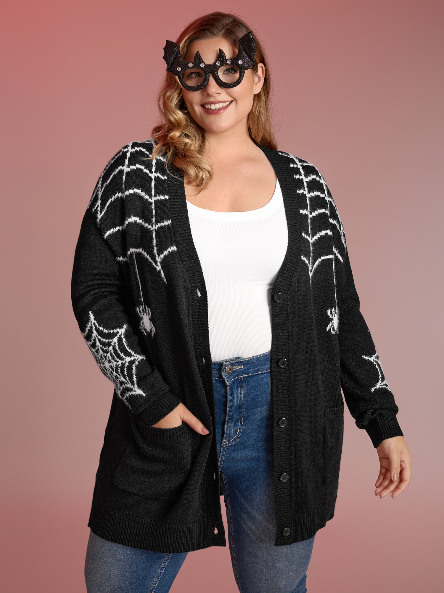 BloomChic Women's Plus Size Spiderweb Jacquard Pockets Button Knit Cardigan Black Long Sleeve 10/M