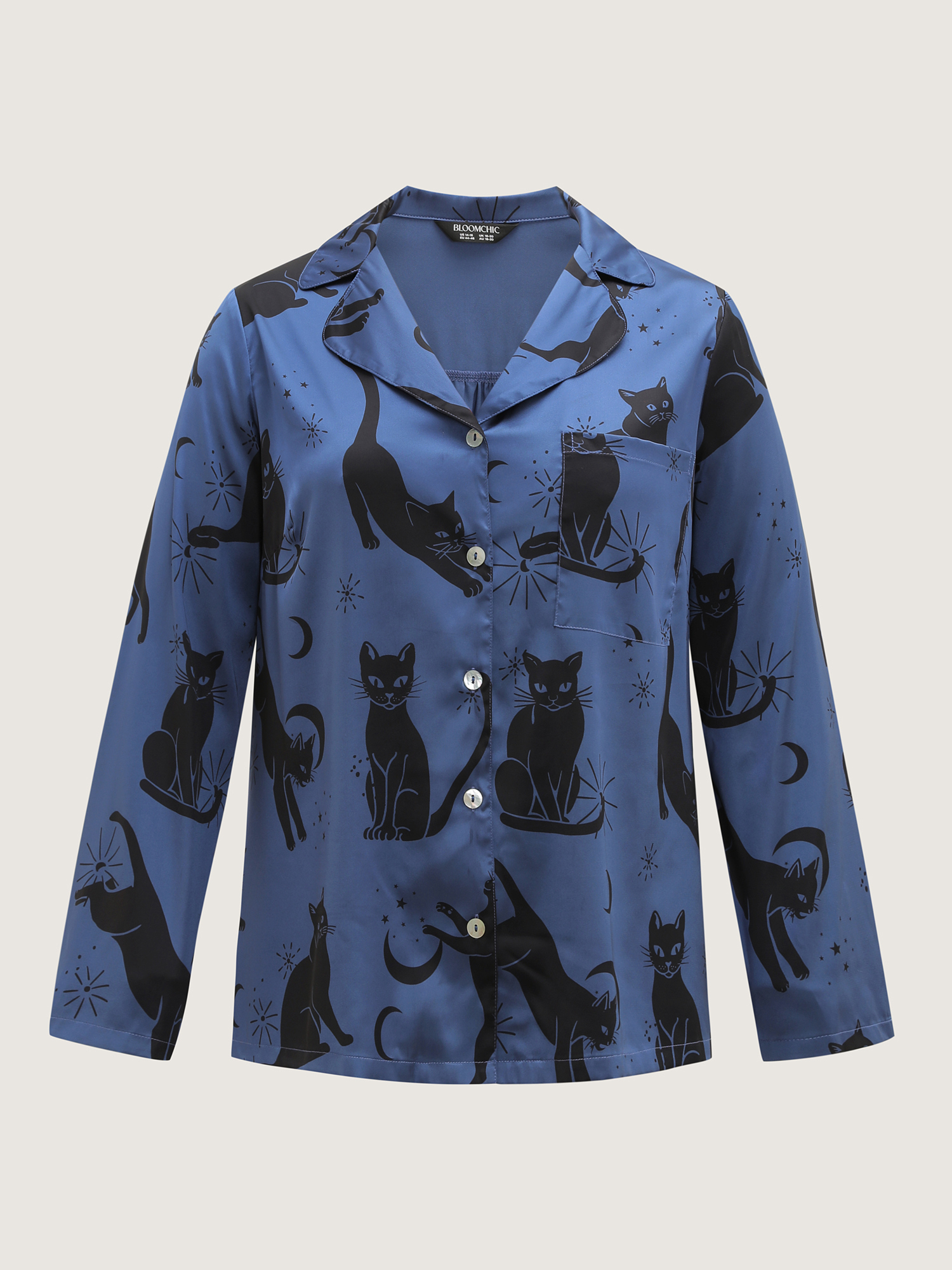 Side view of BloomChic Women's Plus Size Cats Print Pockets Stretchy Co-ord Pajama Set Mediumblue Graphic-Halloween 14-16/1X