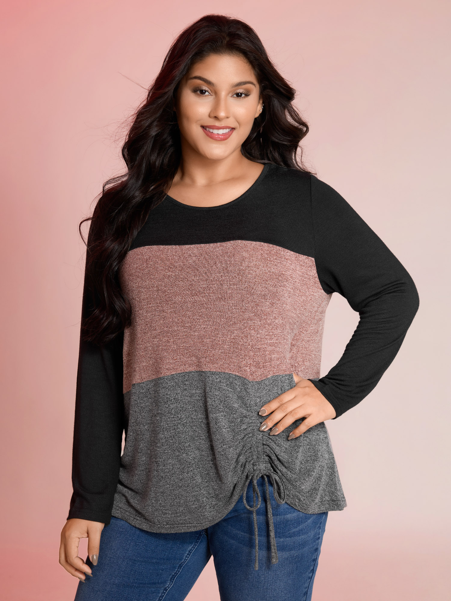 BloomChic Women's Plus Size Colorblock Side Drawstring T-Shirt Multicolor Everyday-Casual Long Sleeve 10/M