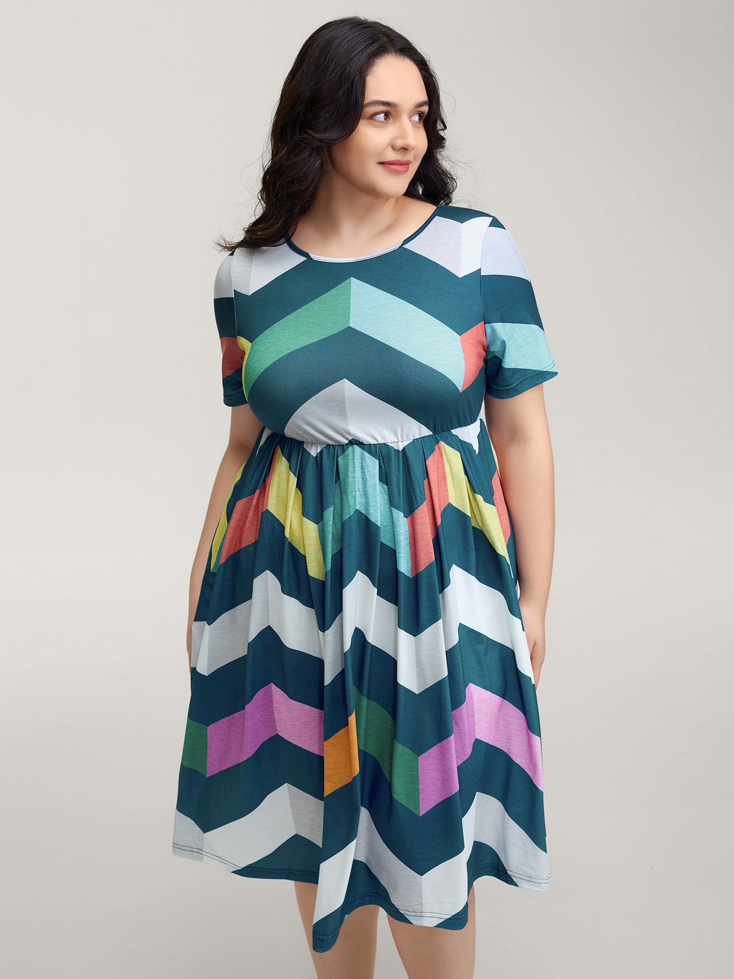 BloomChic Women's Plus Size Colorful Wavy Stripes Cinched-Flared Midi Dress Multicolor Stripes Knee Everyday-Casual Colorblock 12/L