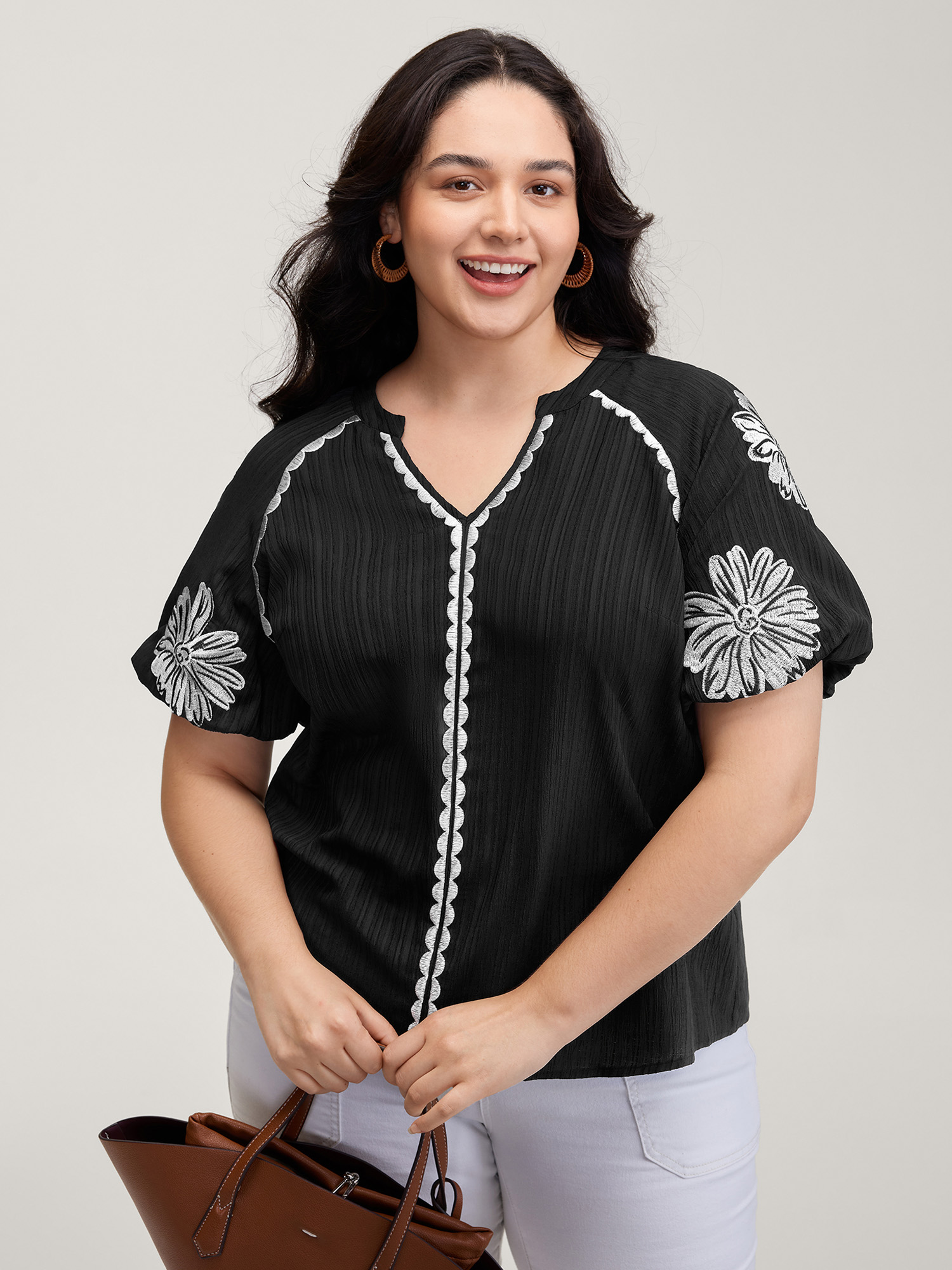 BloomChic Women's Plus Size Textured Floral Embroidered Notched Collar Blouse Black Synthetic texture Vacation Half Sleeve 12/L