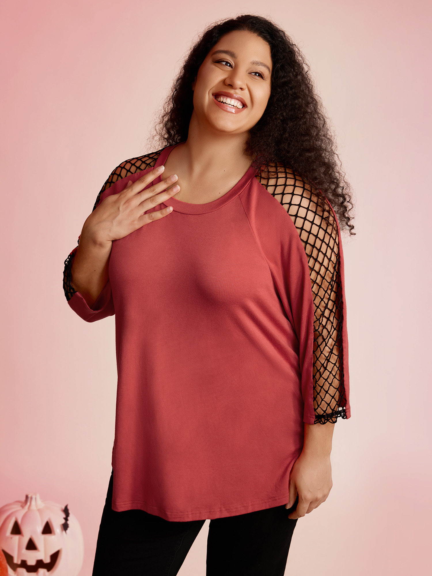 BloomChic Women's Plus Size Sheer Cut-Out Sleeve Relaxed-Fit Sweatshirt OrangeRed Non Everyday-Casual 3/4 Sleeve 10/M