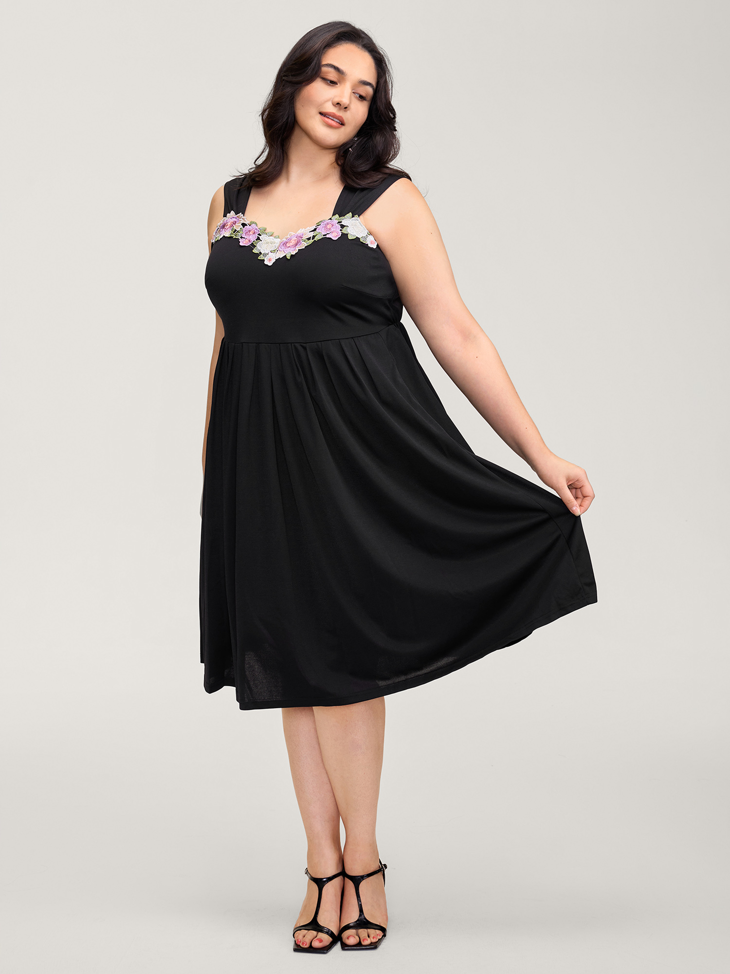 Bloomchic Floral Embroidered Neckline Lace Trim Midi Dress In Black
