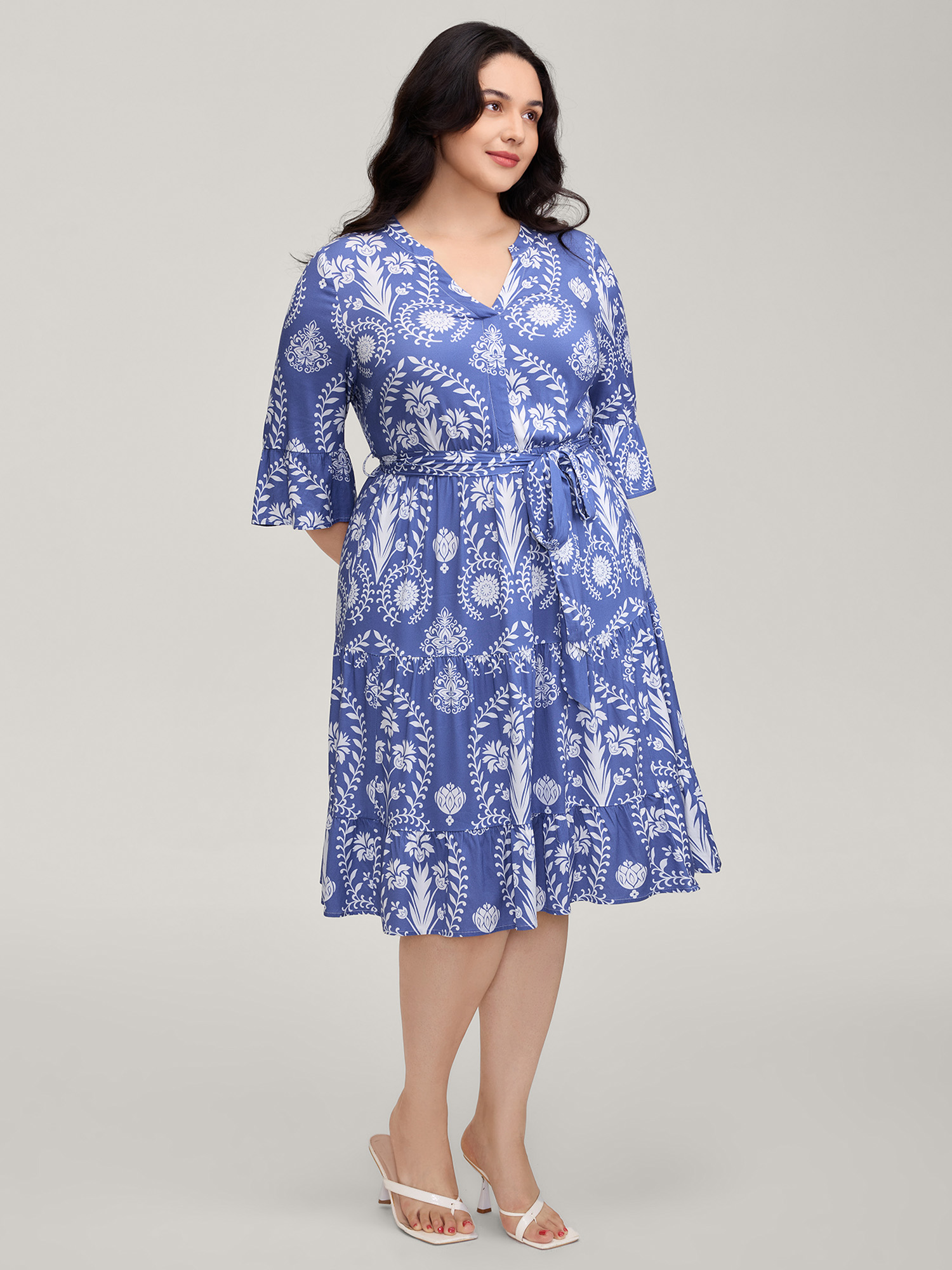BloomChic Women's Plus Size Boho Print Belted Side Pockets Midi Dress Cerulean Bohemian print Midi Vacation 18-20/2X