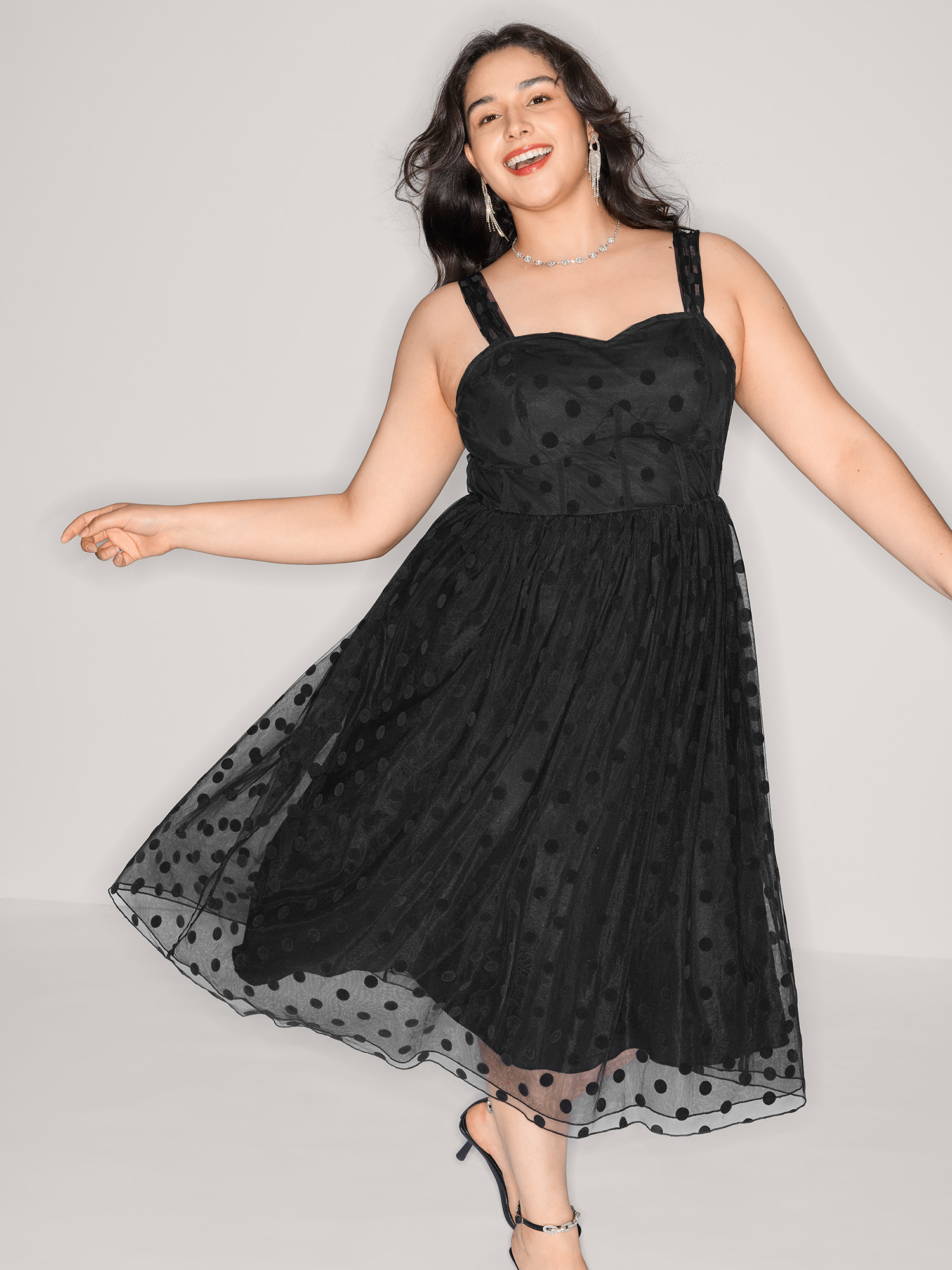 Bloomchic Polka Dots Structured Corset Detail Midi Dress In Black