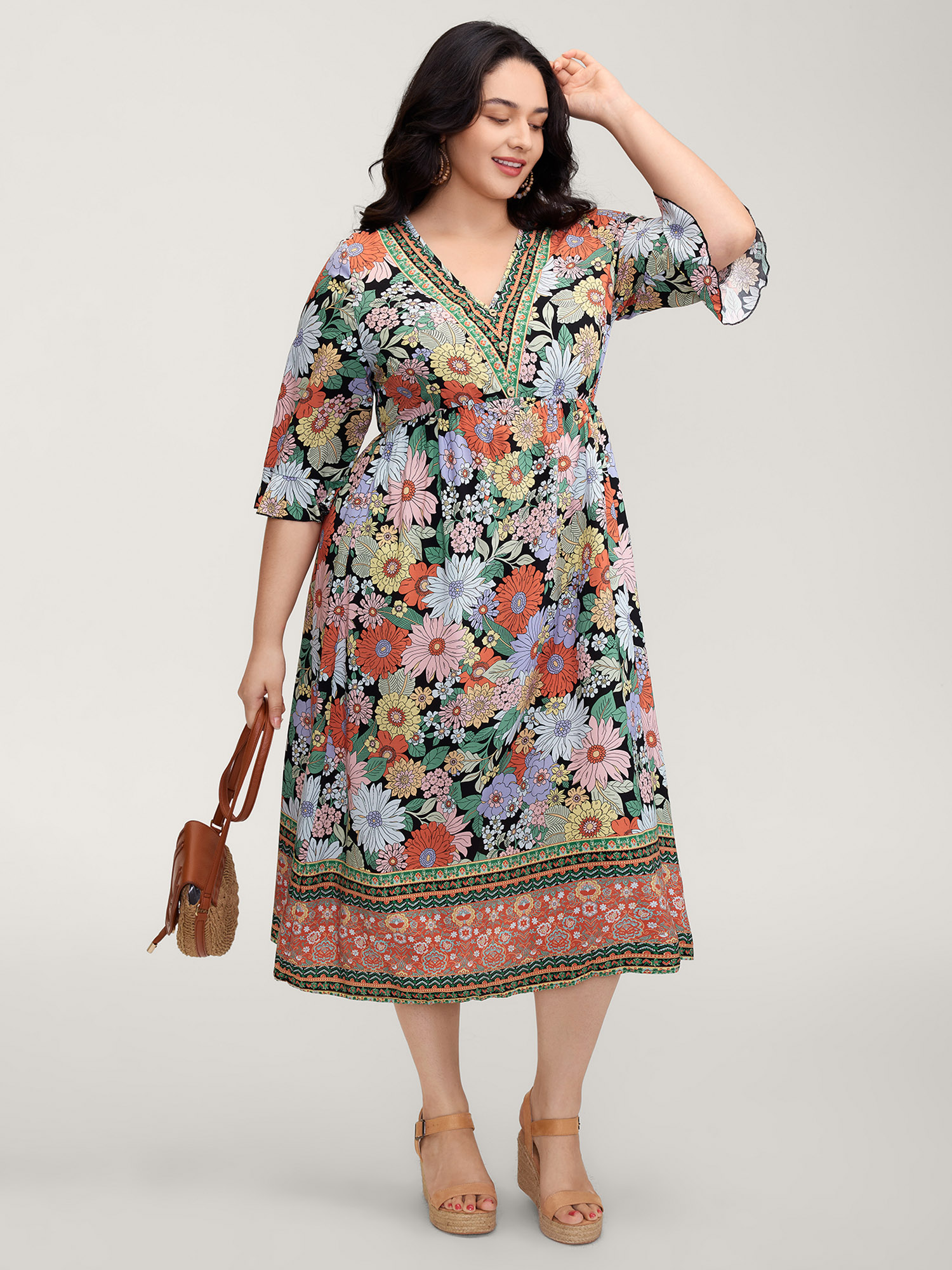 BloomChic Women's Plus Size Rayon Floral Print V-Neck Maxi Dress Multicolor Floral Midi Vacation Ruffles 10/M