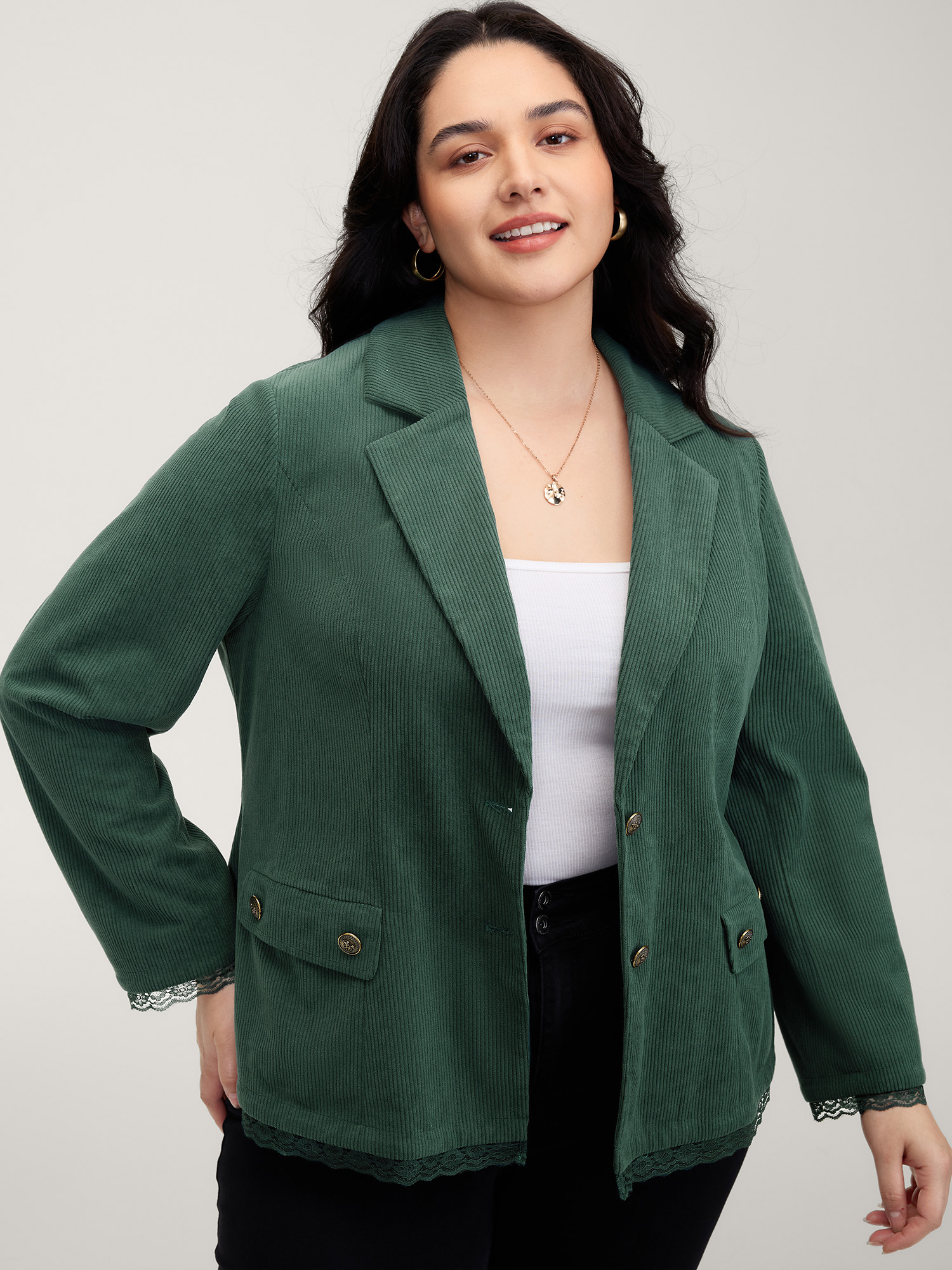BloomChic Women's Plus Size Corduroy Lace Trim Button Detail Blazer Truegreen Woven ribbon&lace trim Sleeve Long Sleeve 26/4X-image-47363087892650