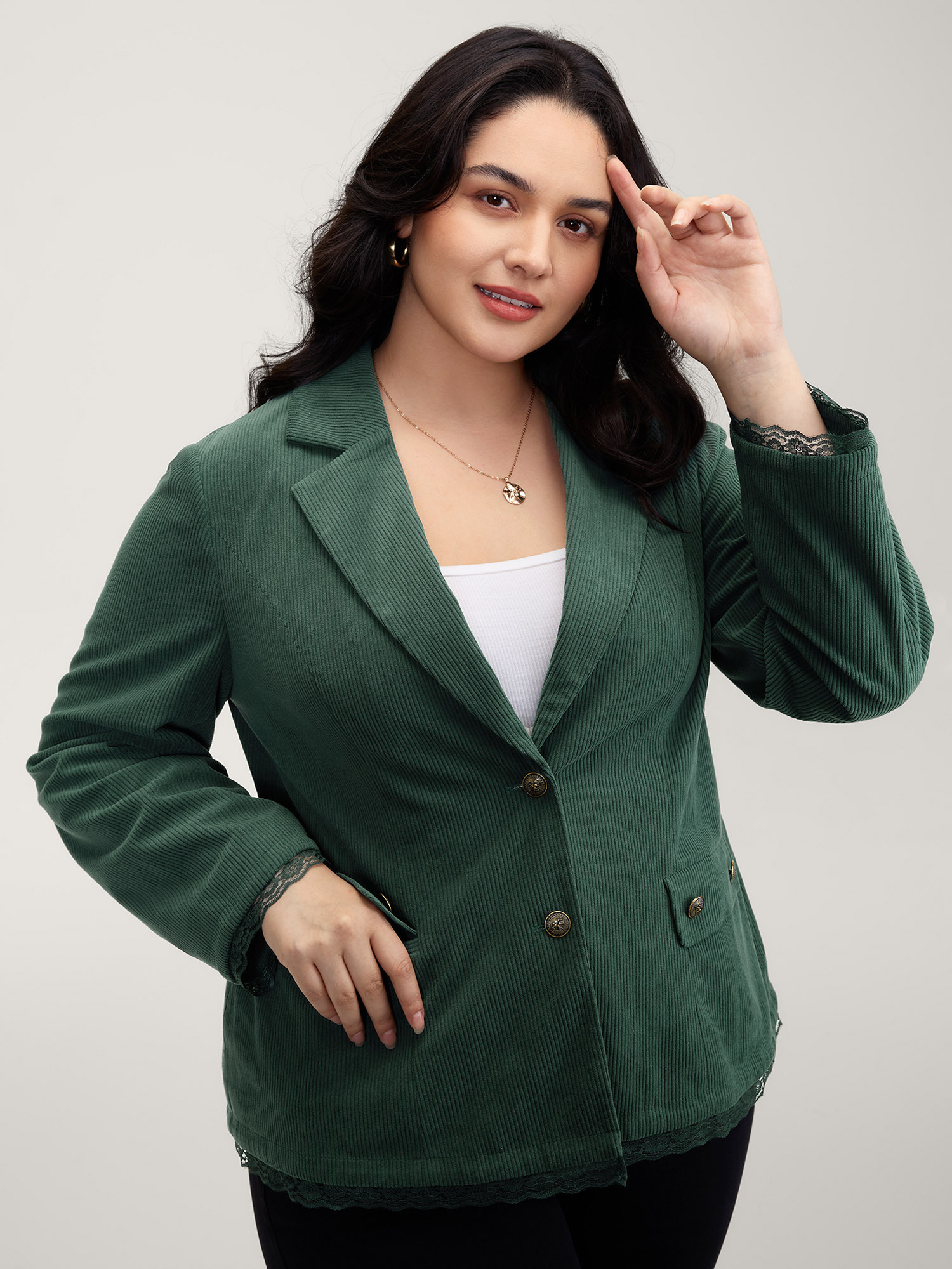 Side view of BloomChic Women's Plus Size Corduroy Lace Trim Button Detail Blazer Truegreen Woven ribbon&lace trim Sleeve Long Sleeve 14-16/1X