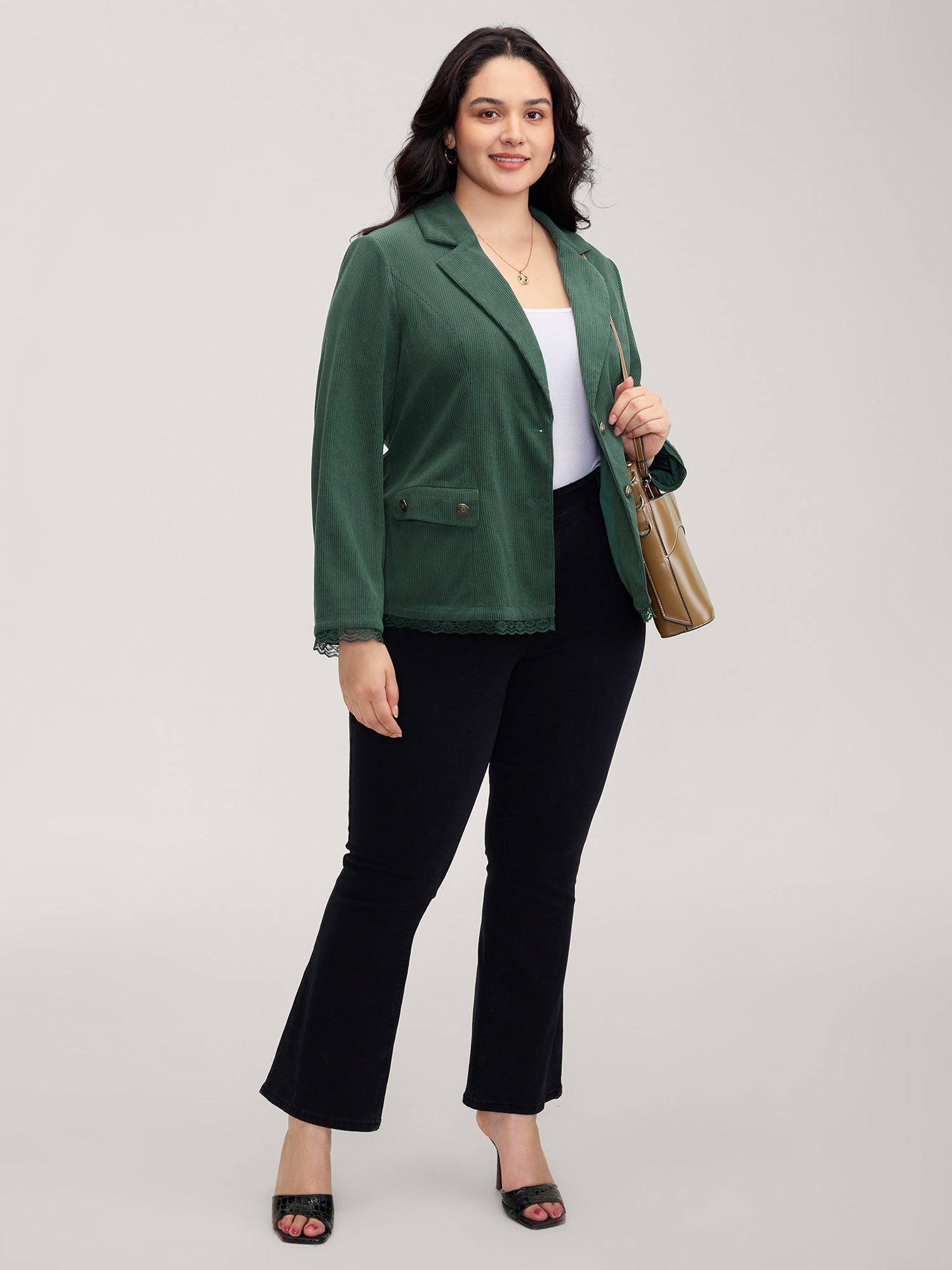 Side view of BloomChic Women's Plus Size Corduroy Lace Trim Button Detail Blazer Truegreen Woven ribbon&lace trim Sleeve Long Sleeve 14-16/1X