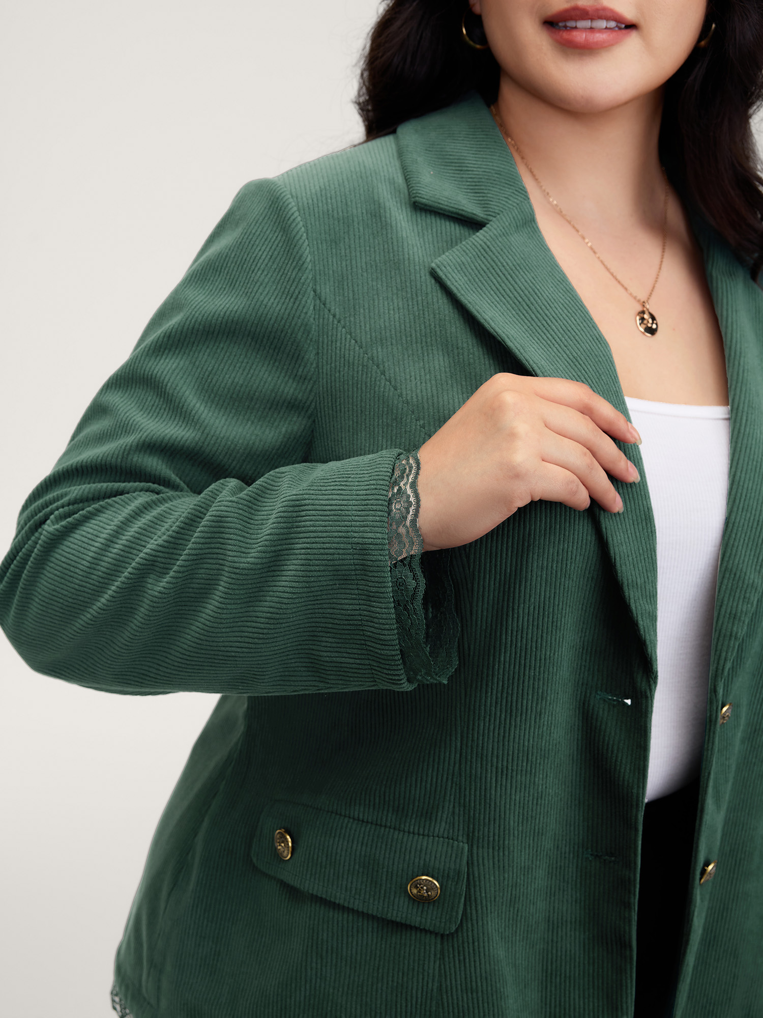 Side view of BloomChic Women's Plus Size Corduroy Lace Trim Button Detail Blazer Truegreen Woven ribbon&lace trim Sleeve Long Sleeve 14-16/1X