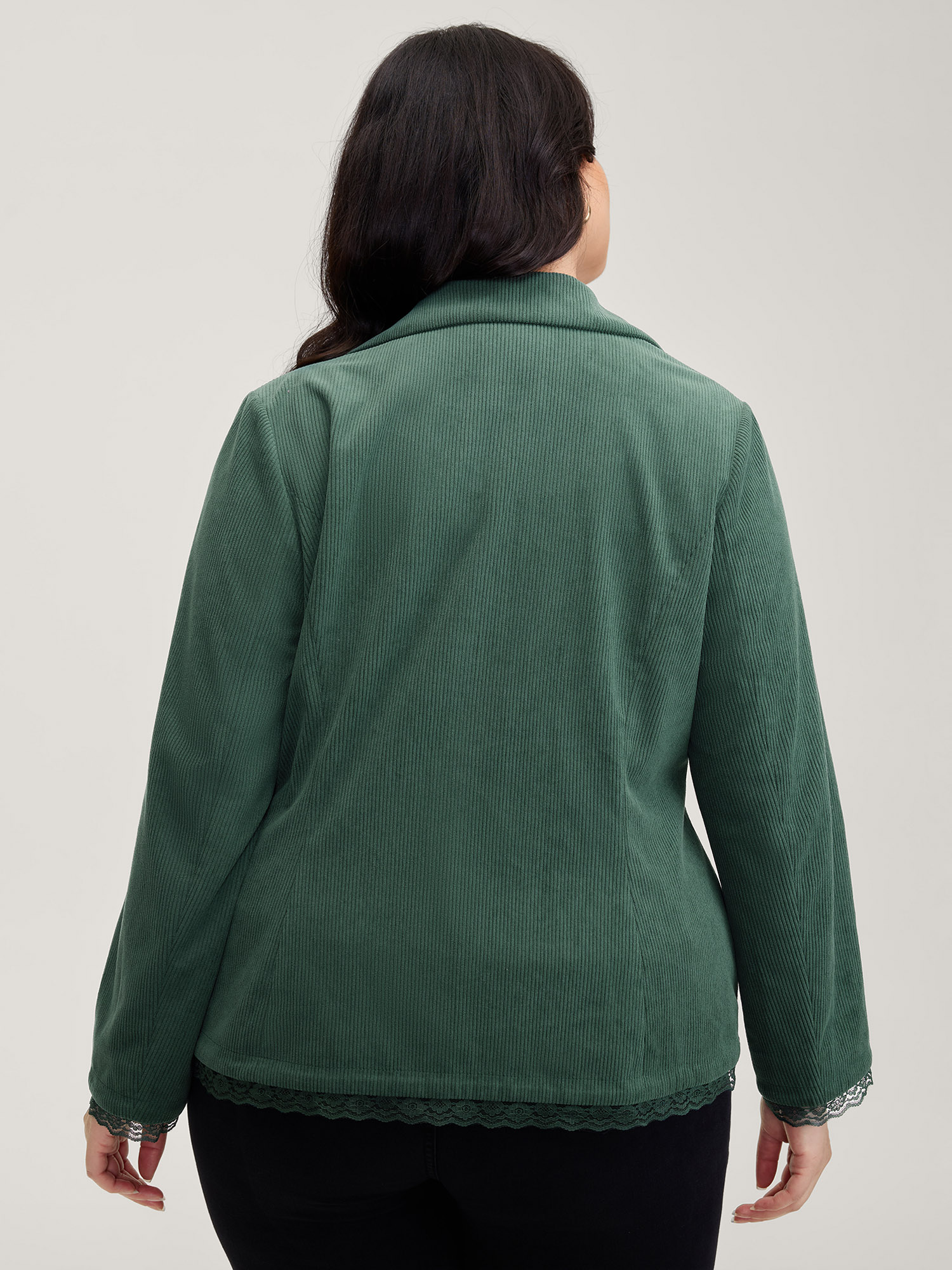 Side view of BloomChic Women's Plus Size Corduroy Lace Trim Button Detail Blazer Truegreen Woven ribbon&lace trim Sleeve Long Sleeve 14-16/1X