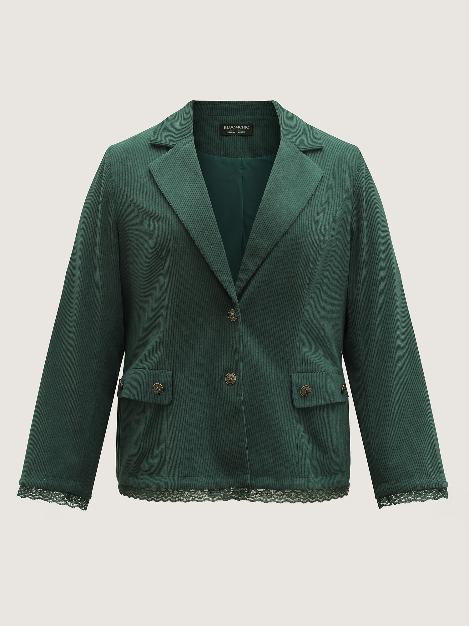 Side view of BloomChic Women's Plus Size Corduroy Lace Trim Button Detail Blazer Truegreen Woven ribbon&lace trim Sleeve Long Sleeve 14-16/1X