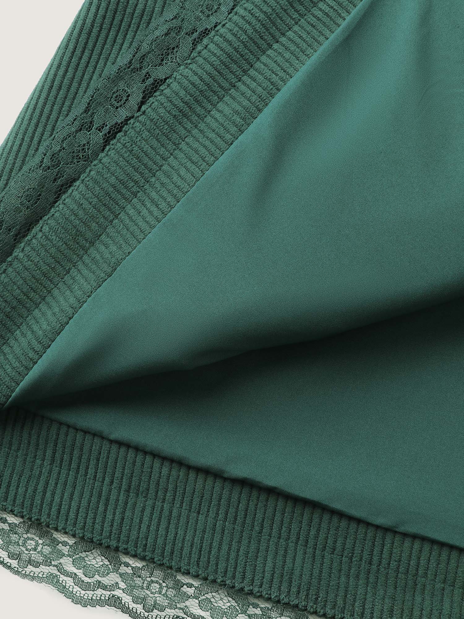 Side view of BloomChic Women's Plus Size Corduroy Lace Trim Button Detail Blazer Truegreen Woven ribbon&lace trim Sleeve Long Sleeve 14-16/1X