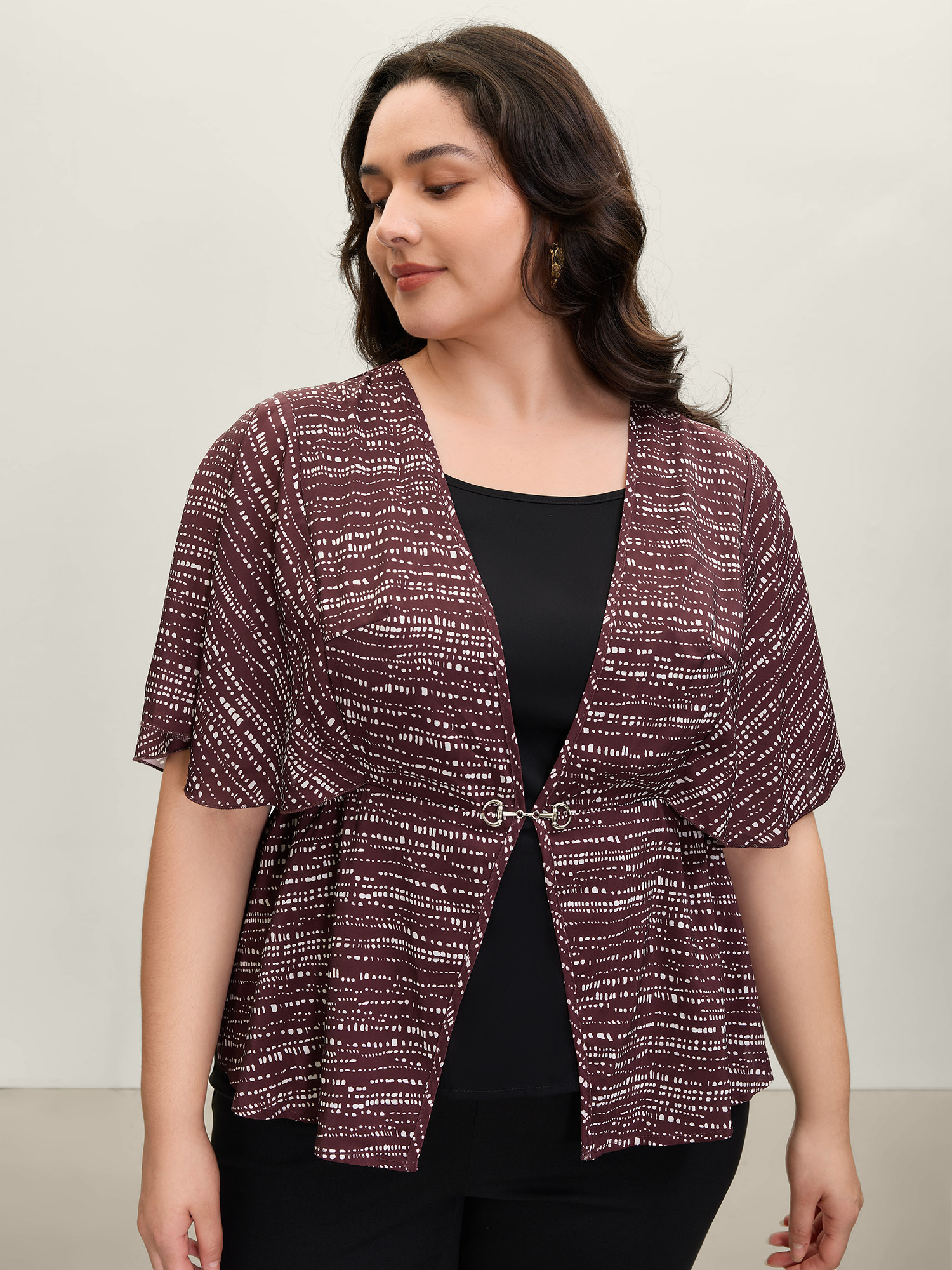 BloomChic Women's Plus Size Geometric Print Stretchy Waist Metal Detail Blouse BlackFlower Geometric Office Half Sleeve 12/L