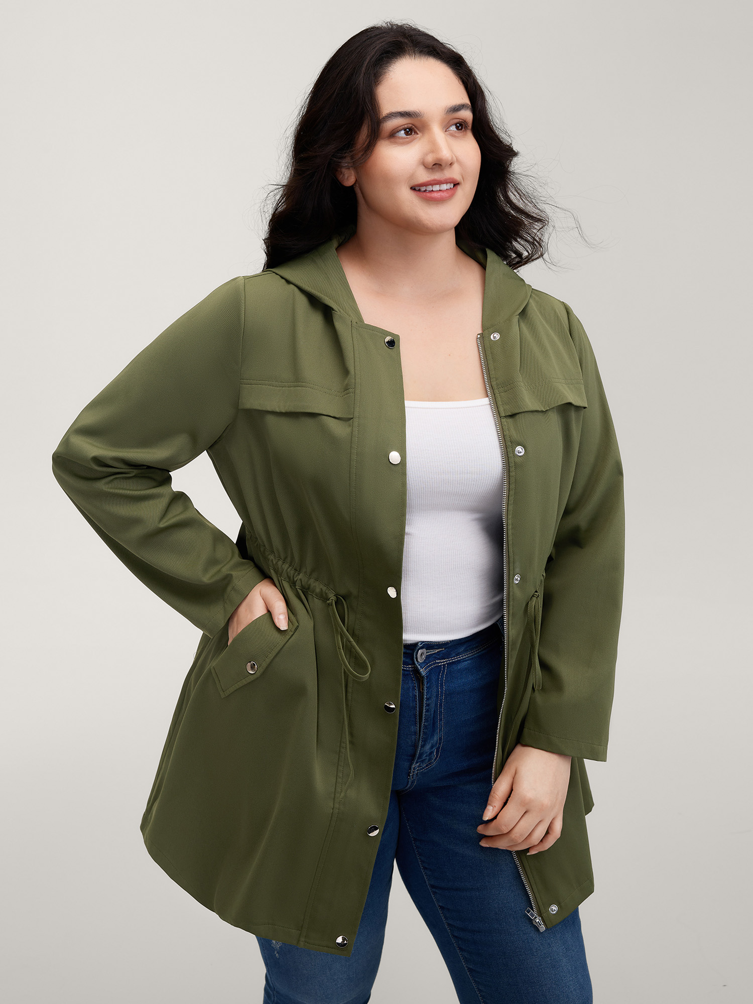 BloomChic Plus Size Parka Hooded Adjustable Waist Drawstring Jacket - Curve Women's Winterwear- ArmyGreen Comfort Midsection Fit Tunic H-line Jackets 14/M