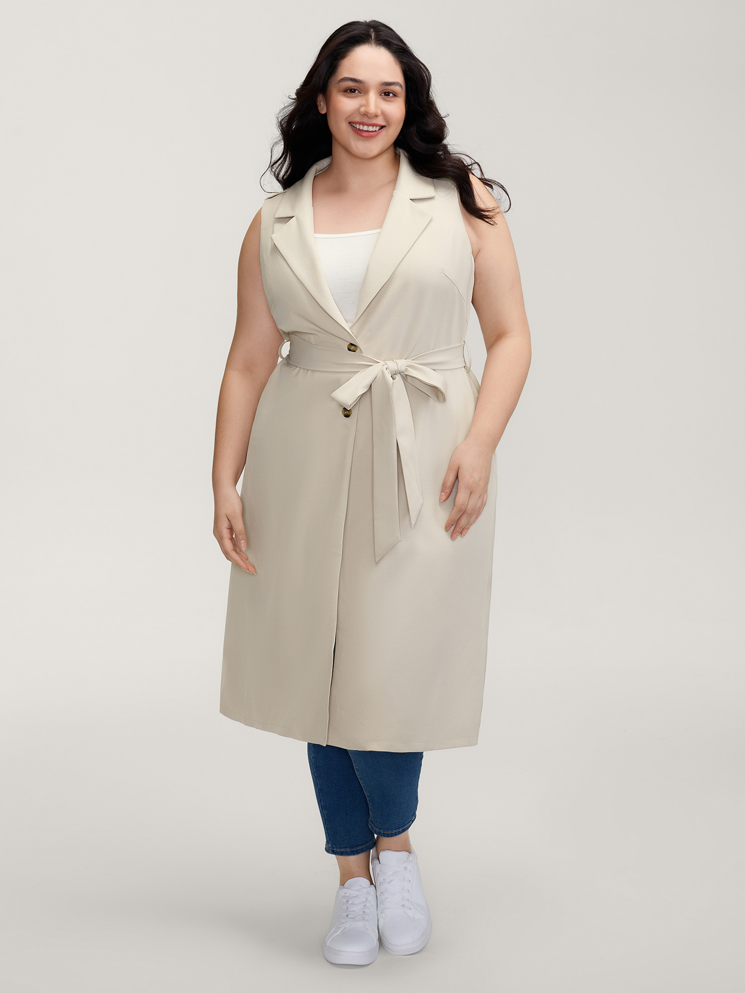 BloomChic Women's Plus Size Back Slit Waist Belt Lined Long Vest Apricot Belted 28/5X-image-47368163950762
