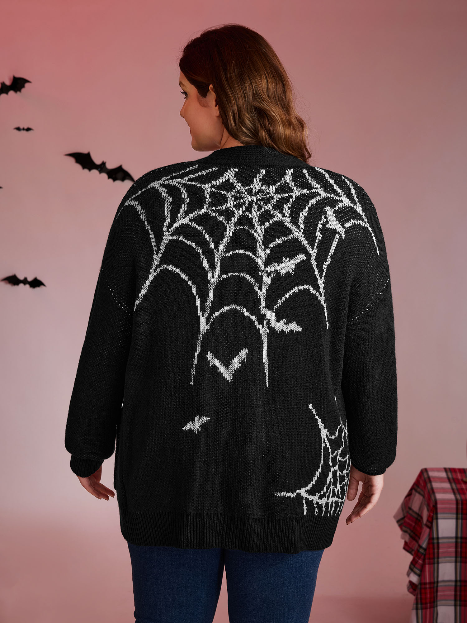 BloomChic Women's Plus Size Spiderweb Bat Jacquard Pockets Knit Cardigan Black Long Sleeve 10/M
