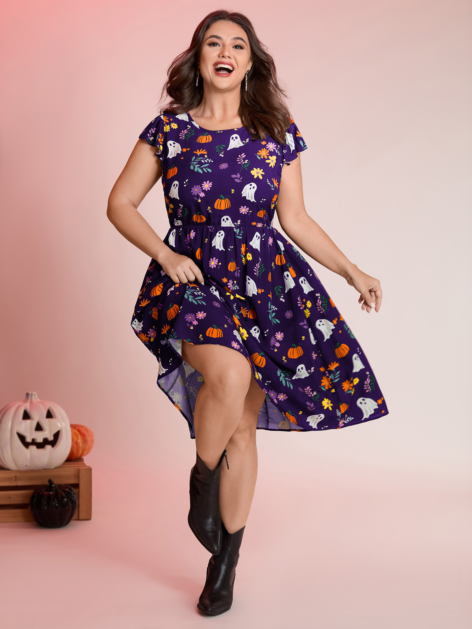 BloomChic Women's Plus Size Ghost Party Rayon Pockets Mini Dress Deeppurple Halloween Midi Everyday-Casual Non 10/M