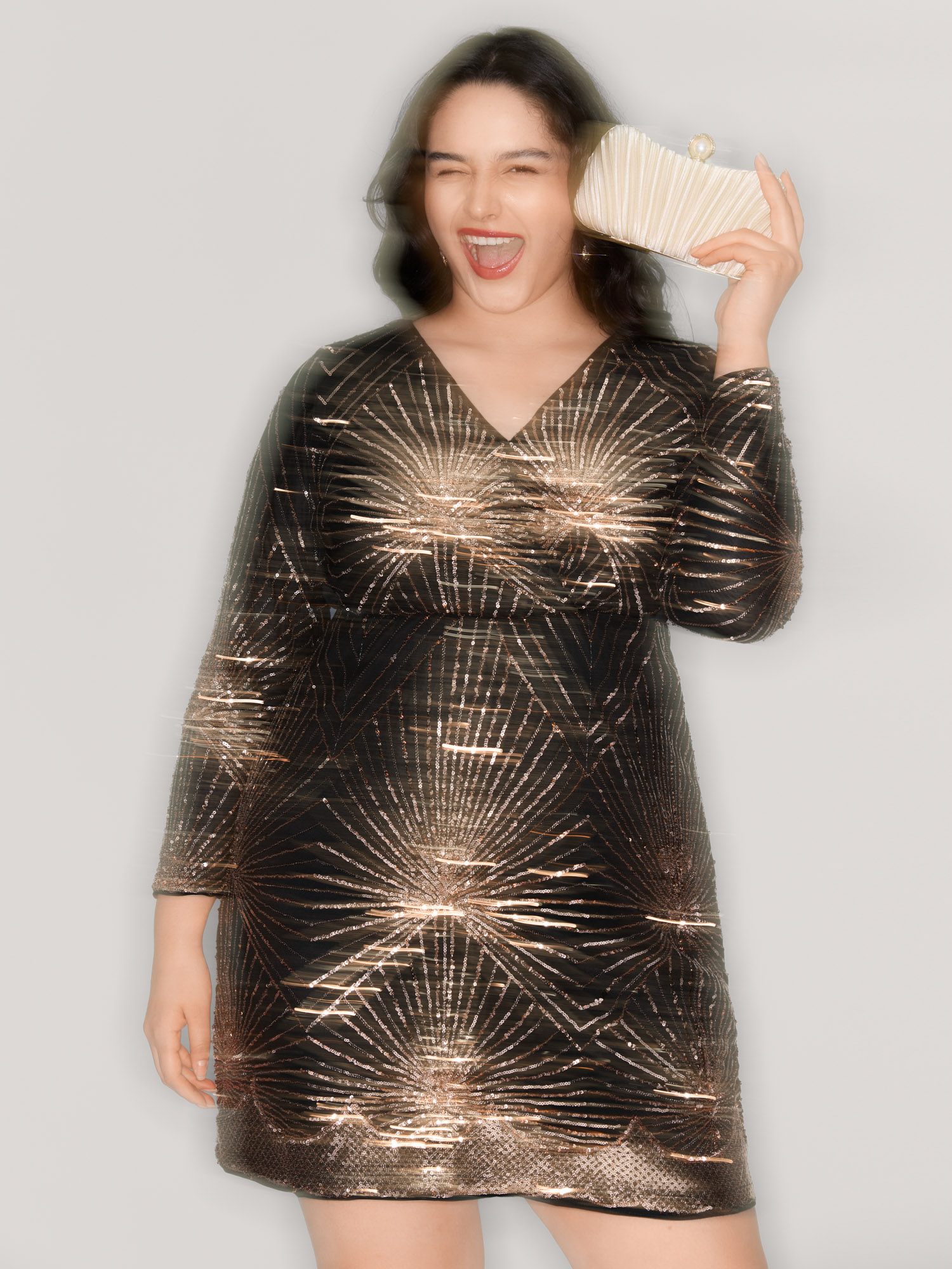 Side view of BloomChic Women's Plus Size Shimmery Sequin Sheer Zipper Midi Dress Black Party Short Sequin 22-24/3X