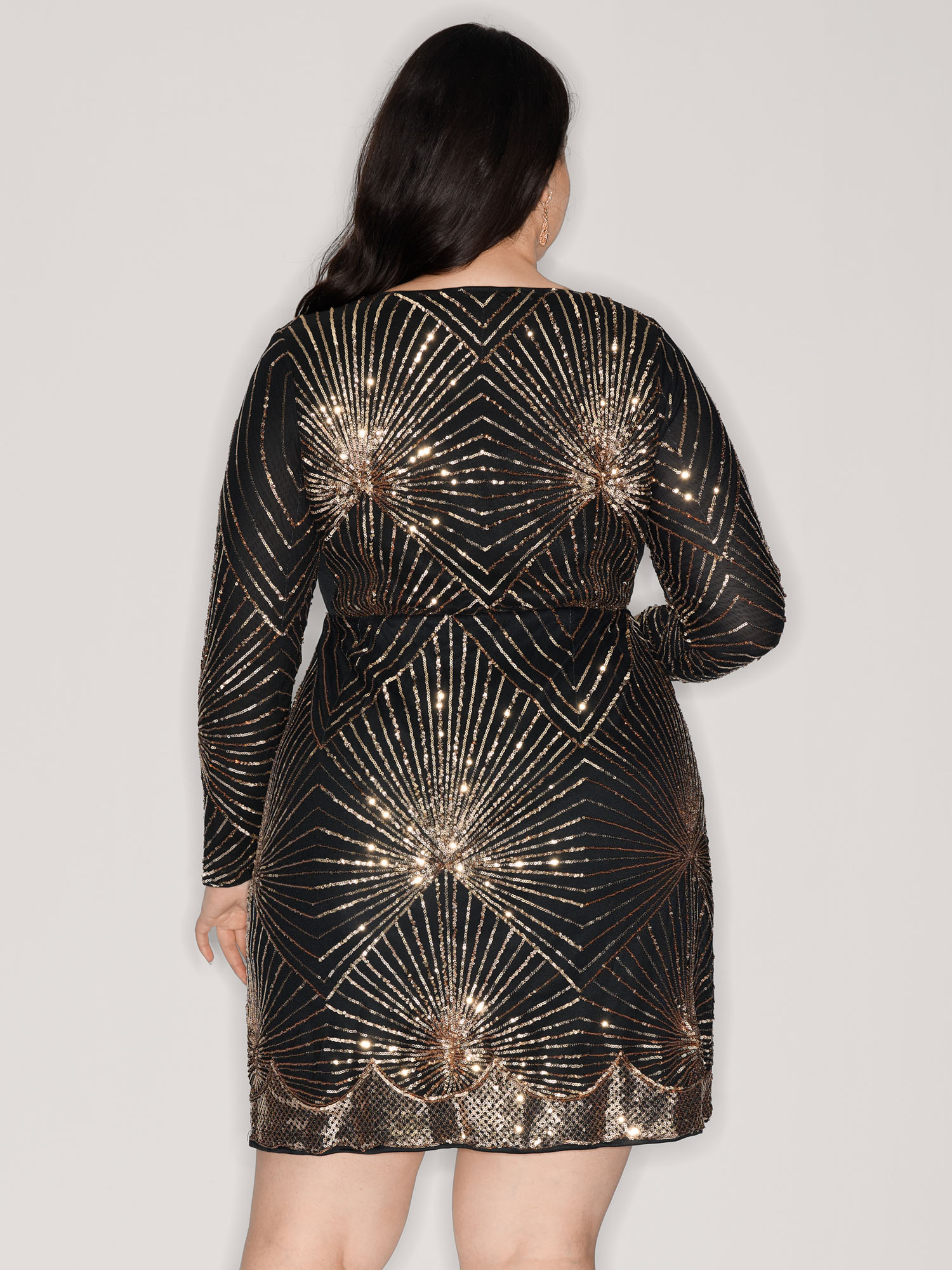 Side view of BloomChic Women's Plus Size Shimmery Sequin Sheer Zipper Midi Dress Black Party Short Sequin 22-24/3X