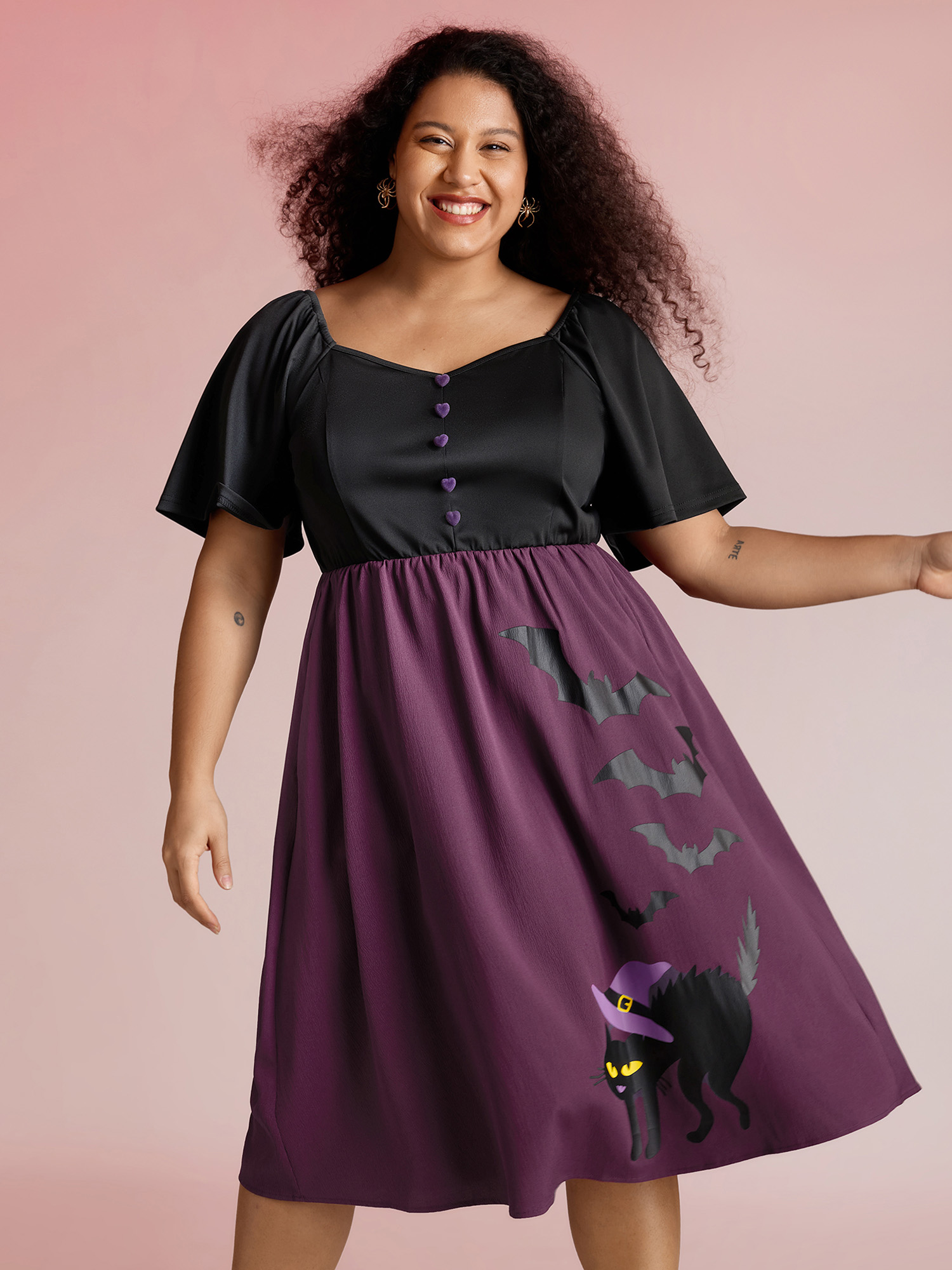 BloomChic Women's Plus Size Wicked Halloween Print Contrast Button Midi Dress Deeppurple Non Midi Everyday-Elegant Gathered 10/M