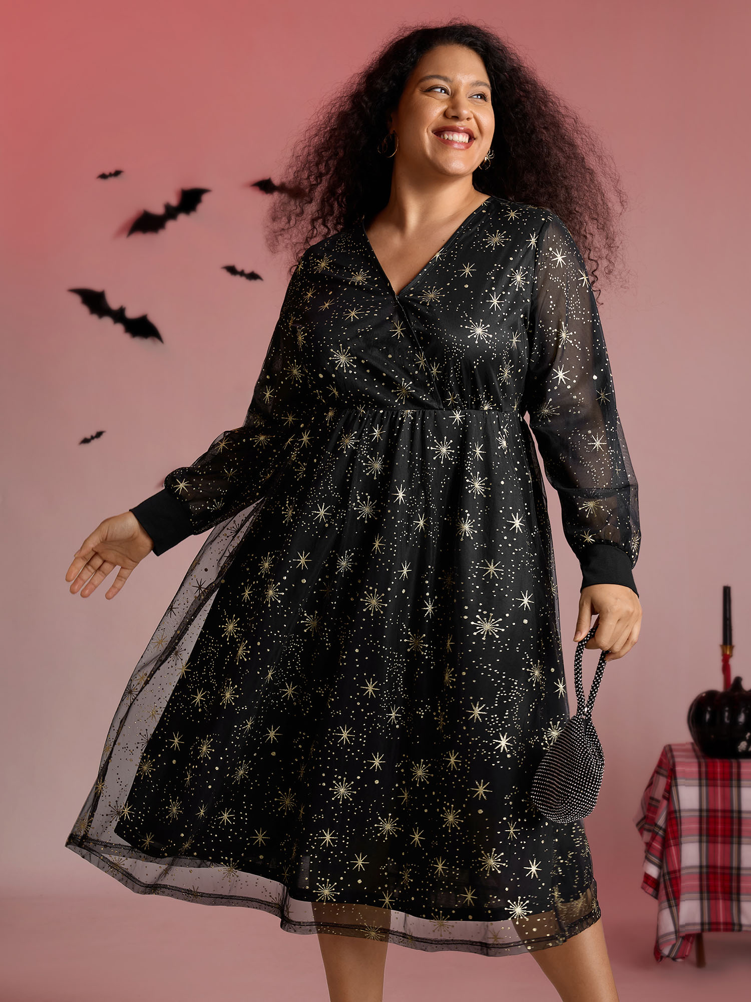 BloomChic Women's Plus Size Star Moon Mesh Cinched-Waist Midi Dress BlackFlower Midi Occasion Overlapping 10/M