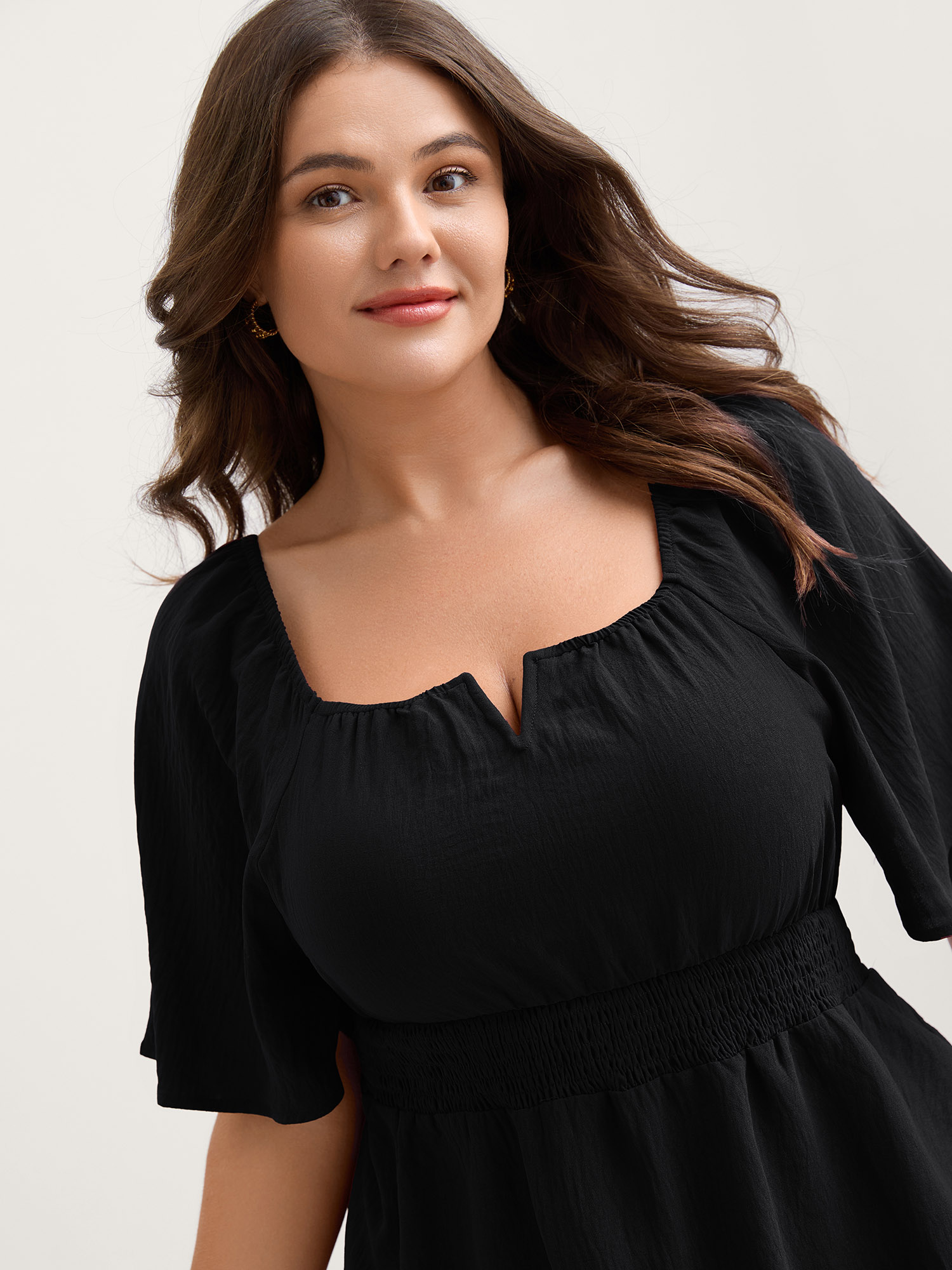 BloomChic Plus Size Stretchy Neckline Waist-Cinched Solid Blouse - Women's Black Solid Square Neck Short sleeve Elegant Blouses 34/6X