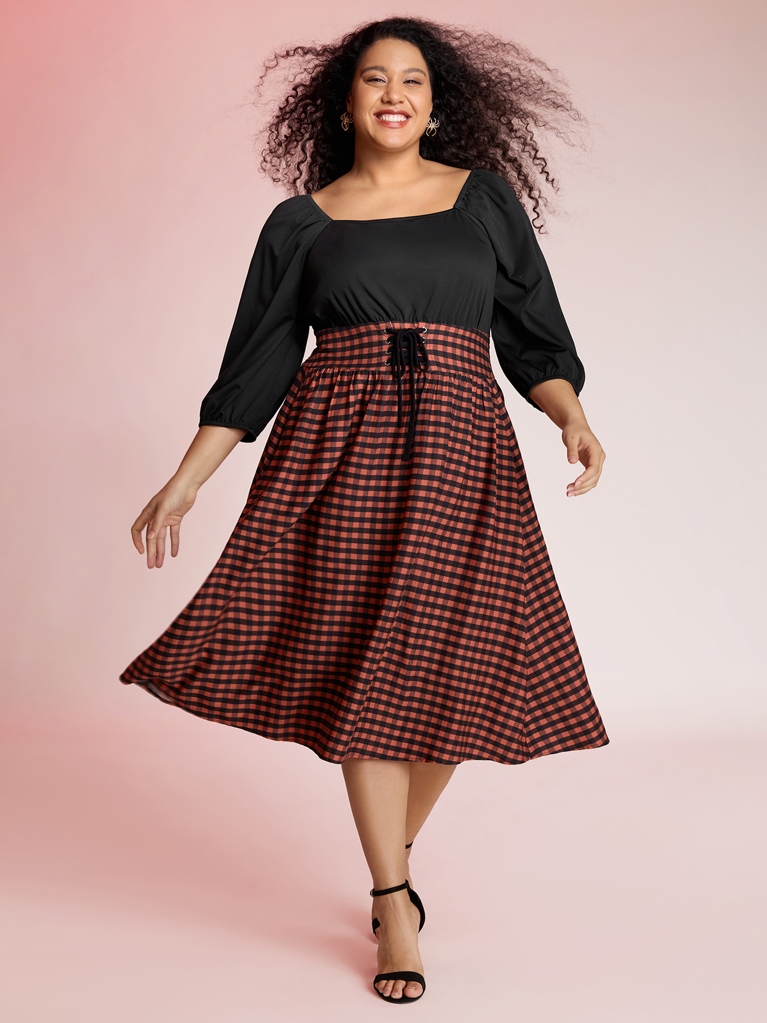 BloomChic Women's Plus Size Halloween Plaid Print Crosstie Contrast Midi Dress OrangeRed Plaid Midi Everyday-Elegant 10/M