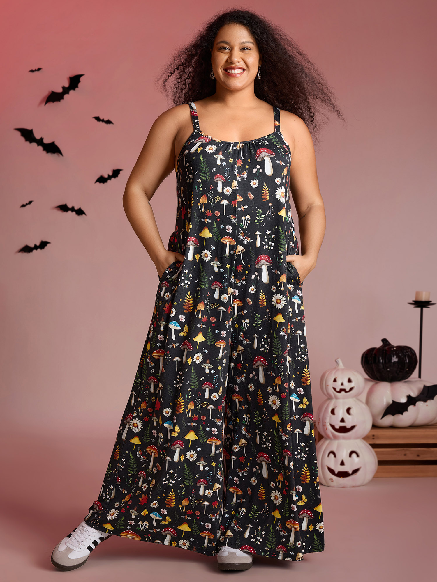 BloomChic Plus Size Halloween Mushroom Print Pockets Cami Jumpsuit - Curve Women's Black Playsuit - Comfort Waist Fit Side Pocket Fit & Flare Jumpsuits 14/M