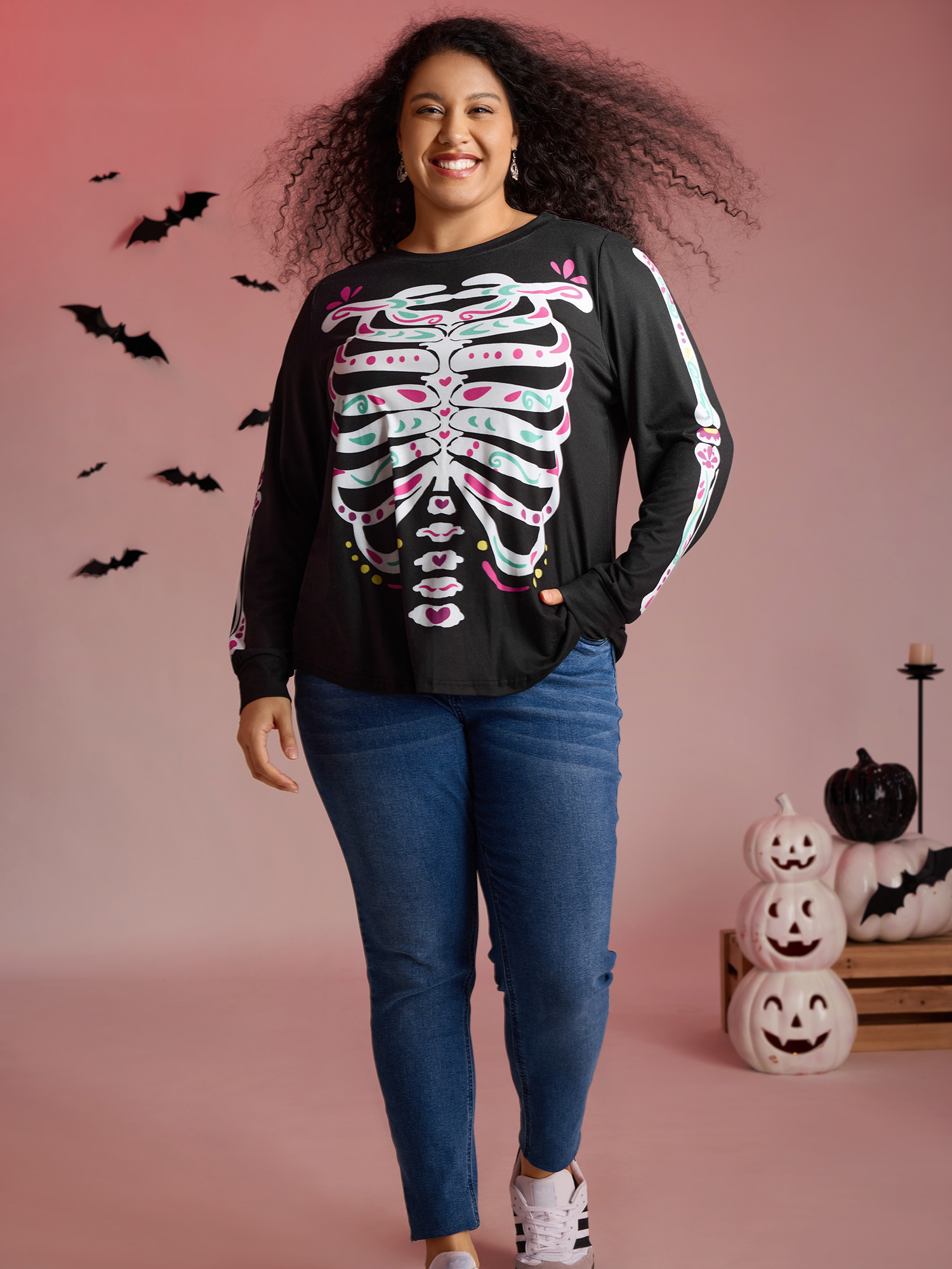 BloomChic Women's Plus Size Party Skeleton Print Knit Halloween T-Shirt Black Everyday-Casual Long Sleeve 10/M