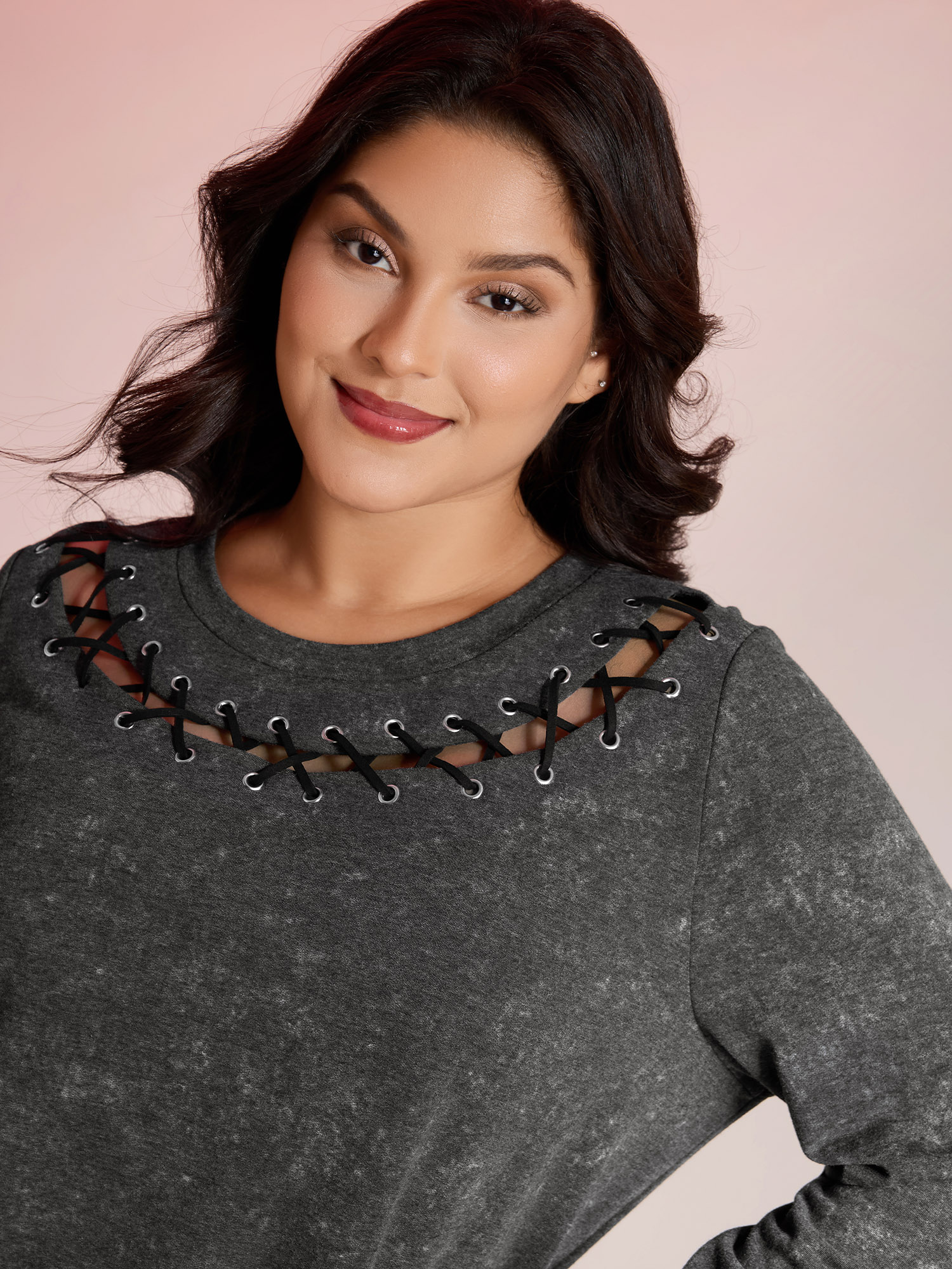 BloomChic Women's Plus Size Halloween Cut-Out Neck Snowflake Effect Sweatshirt DimGray Everyday-Casual 10/M