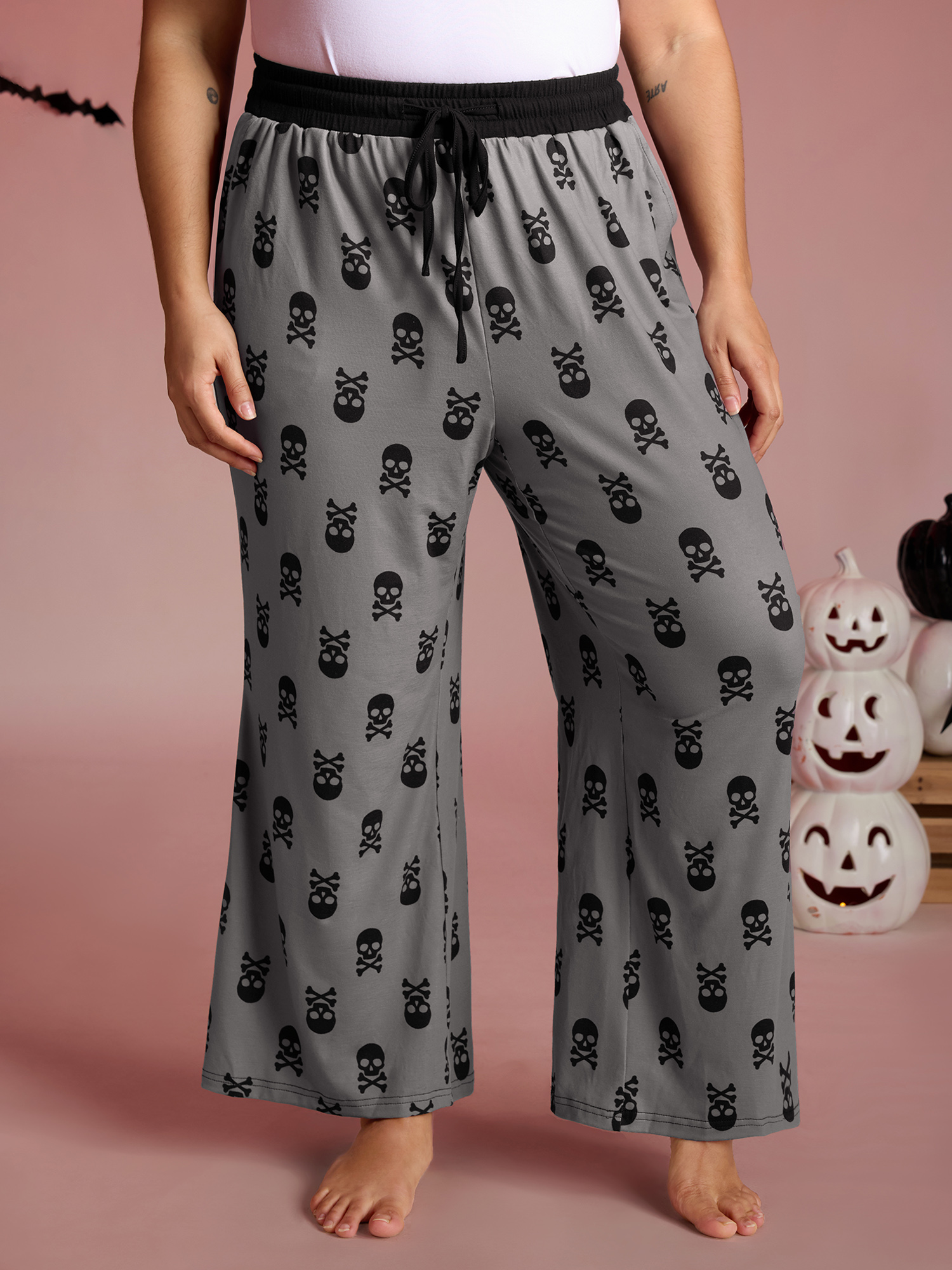 BloomChic Women's Plus Size Skull Halloween Print Micro-Flare Lounge Pants DimGray Full 10/M