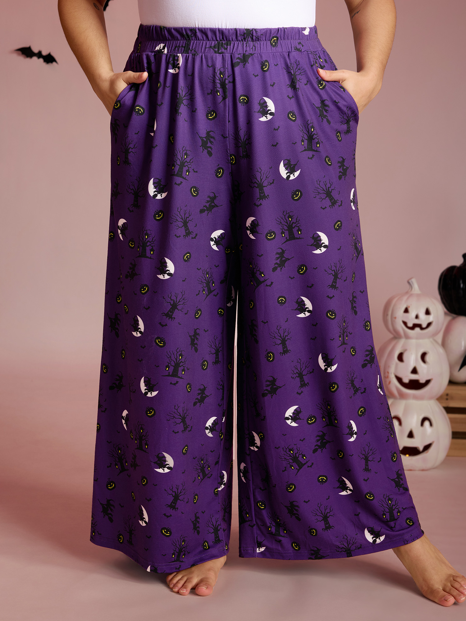 BloomChic Women's Plus Size Midnight Halloween Print Wide-Leg Lounge Pants Deeppurple Full 10/M
