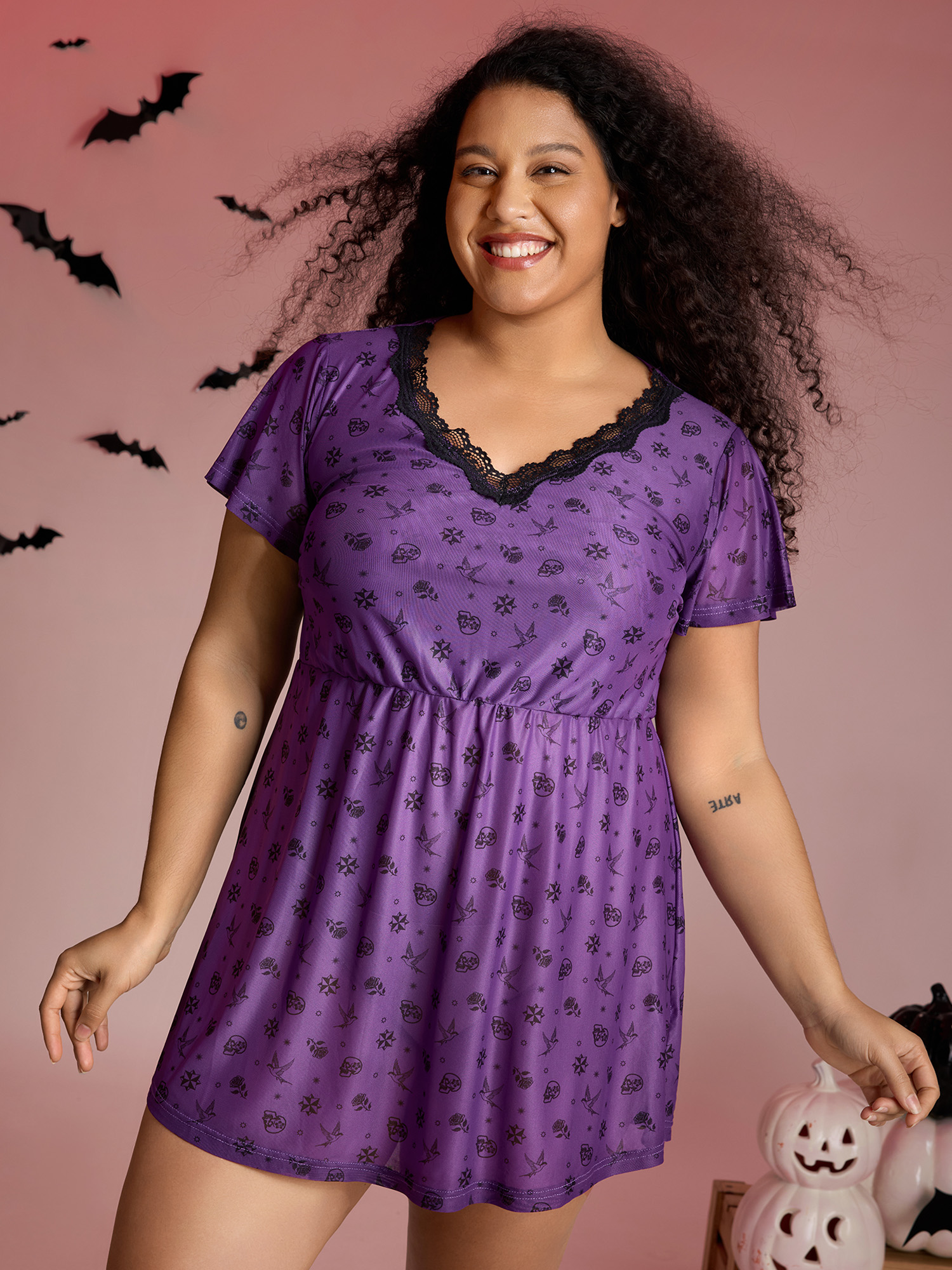 BloomChic Women's Plus Size Halloween Fun Print Stretchy Waist Nightgown Deeppurple Short sleeve Tunic 26/4X-image-47375183315114