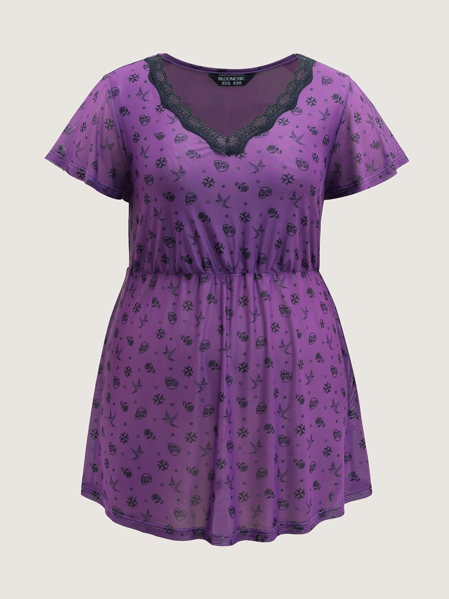 Side view of BloomChic Women's Plus Size Halloween Fun Print Stretchy Waist Nightgown Deeppurple Short sleeve Tunic 10/M
