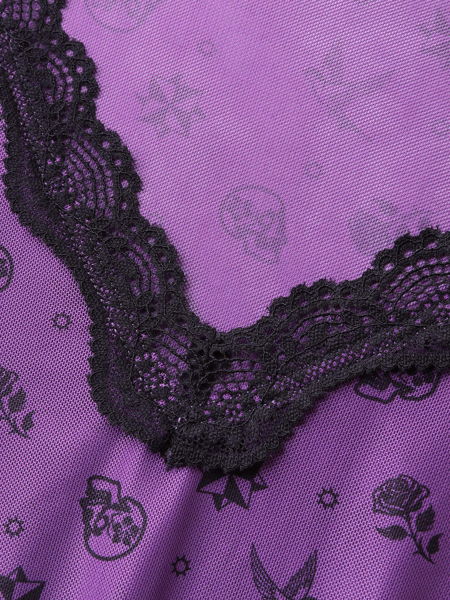 Side view of BloomChic Women's Plus Size Halloween Fun Print Stretchy Waist Nightgown Deeppurple Short sleeve Tunic 10/M