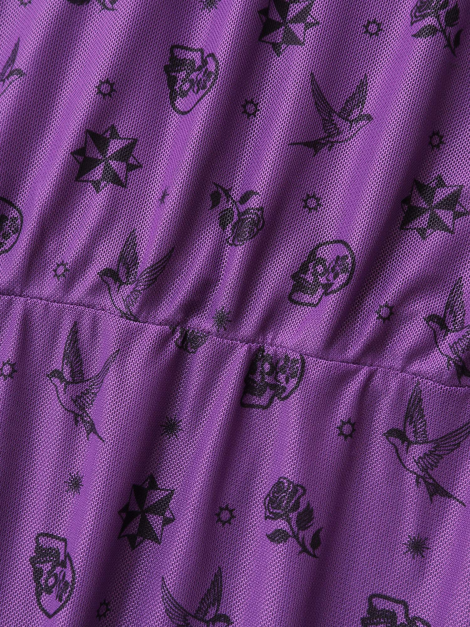 Side view of BloomChic Women's Plus Size Halloween Fun Print Stretchy Waist Nightgown Deeppurple Short sleeve Tunic 10/M
