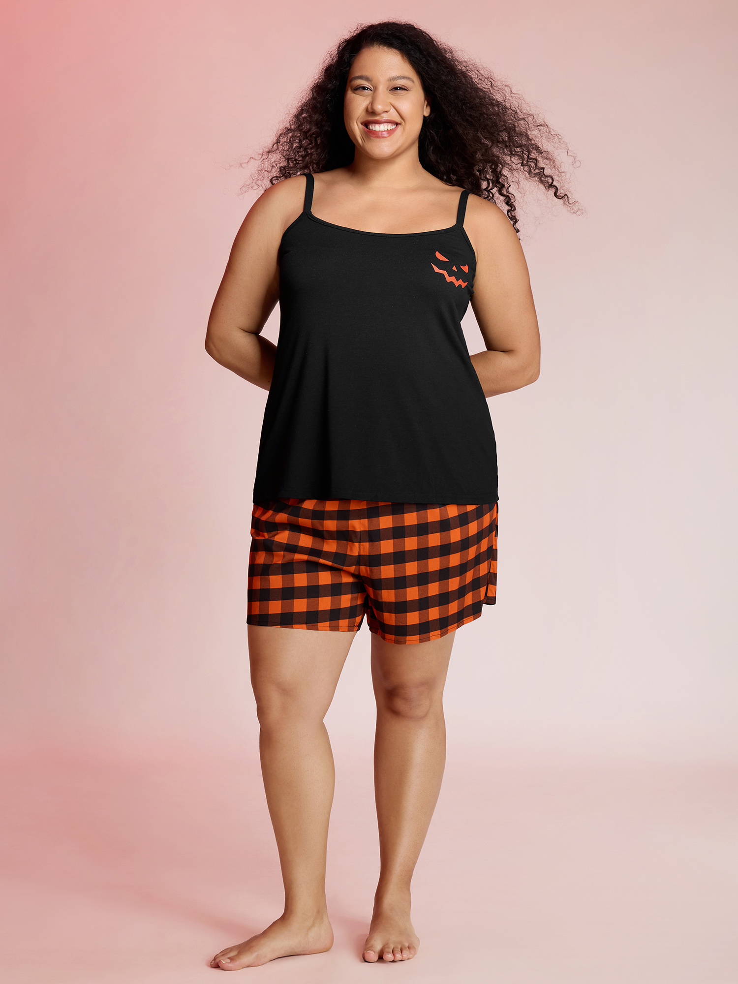 BloomChic Women's Plus Size Halloween Stretchy Plaid Contrast Pajama Set Black Graphic-Halloween 12/L-image-47375090057386
