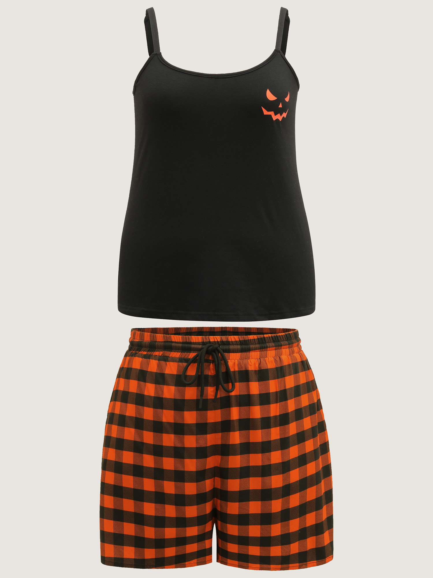 Side view of BloomChic Women's Plus Size Halloween Stretchy Plaid Contrast Pajama Set Black Graphic-Halloween 10/M