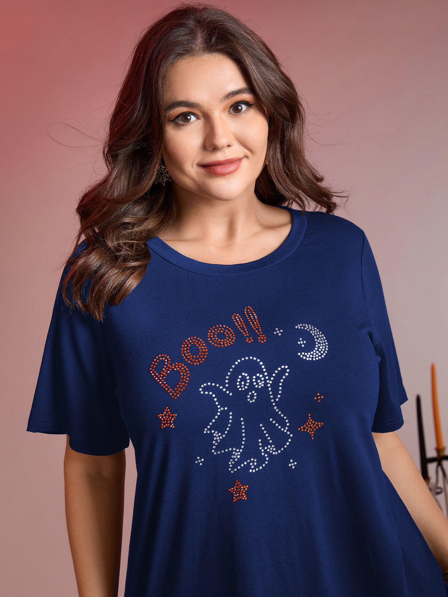 BloomChic Plus Size Boo-tiful Ghost Rhinestone Detail T-Shirt - Women's DarkBlue Solid Round Neck Comfort Midsection Fit Long Sleeve Playful T-shirts 14/M