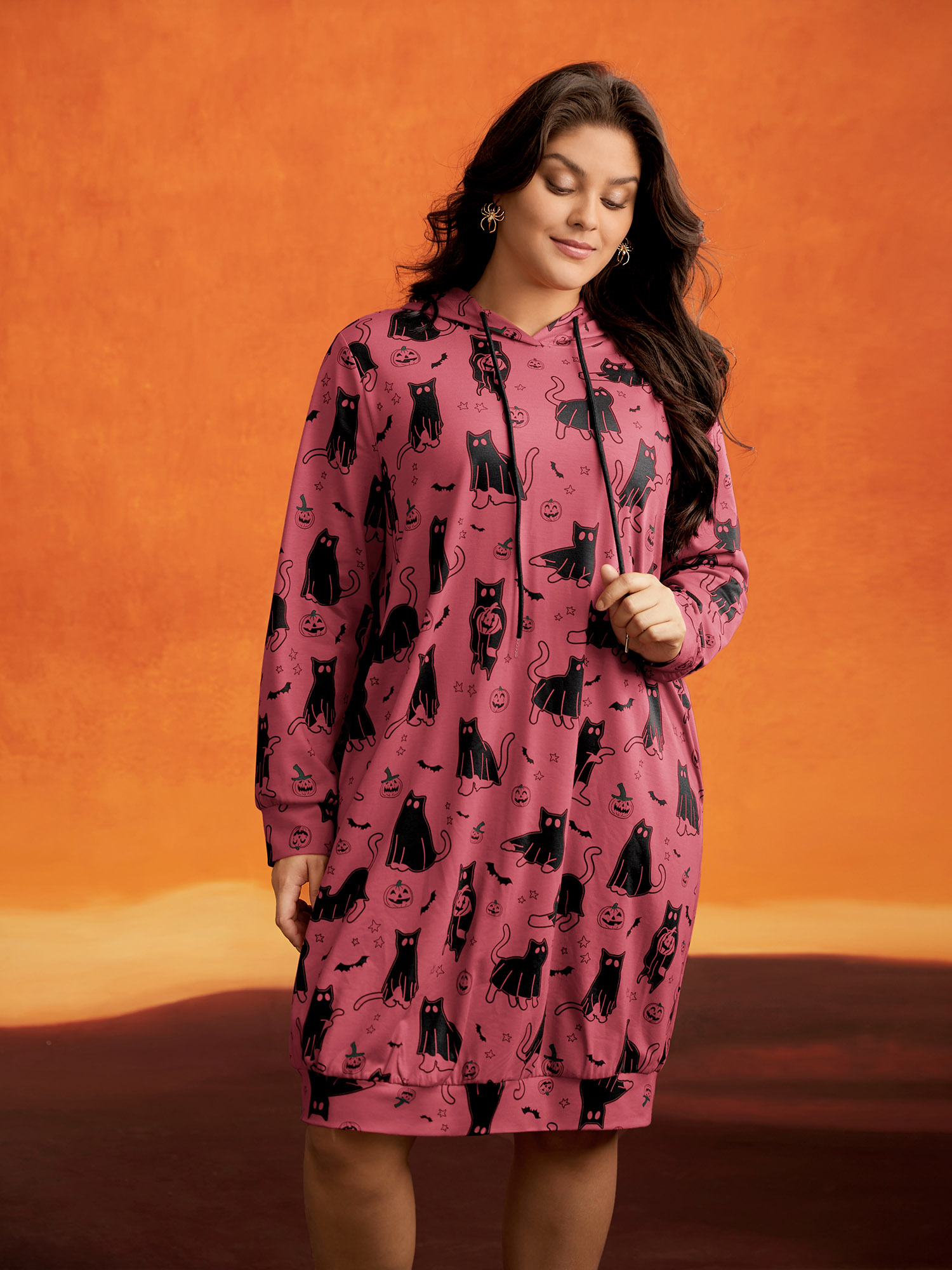 BloomChic Plus Size Pumpkin Cat Print Hooded Midi Lounge Dress - Women's Supersoft Sleep Dress DustyPink Long Sleeve Non Side seam pocket Comfort Sleeve Fit O-line Lounge Dresses 14/M