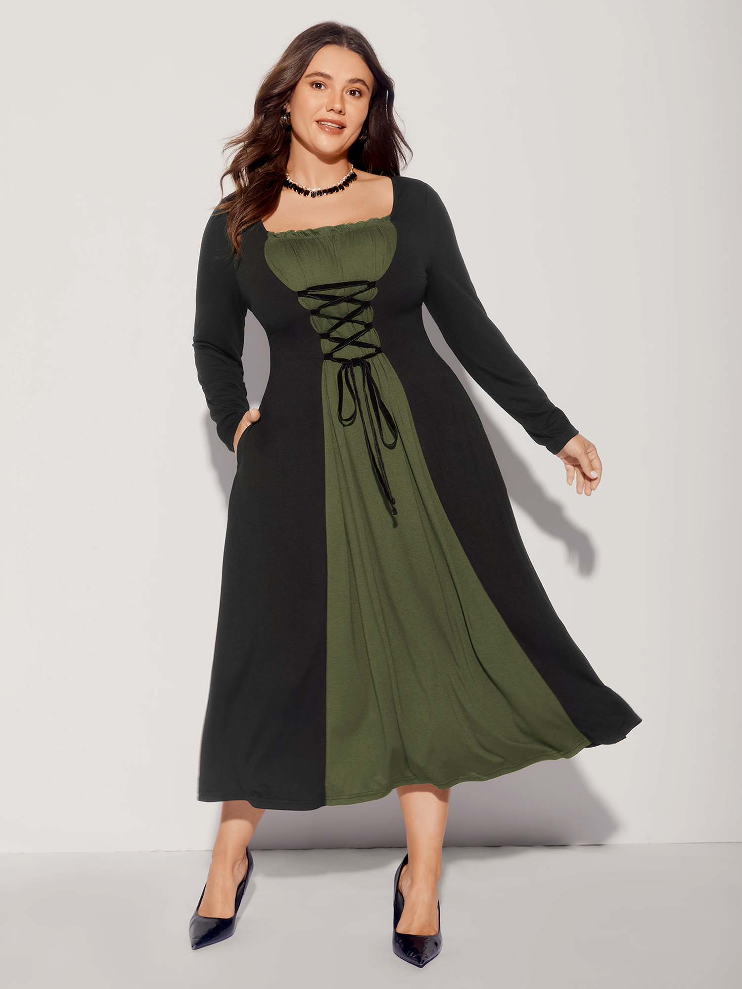 BloomChic Women's Plus Size Stretchy Knit Adjustable Tie Frill Trim Midi Dress ArmyGreen Everyday-Elegant Midi Colorblock Off-Shoulder 18-20/2X