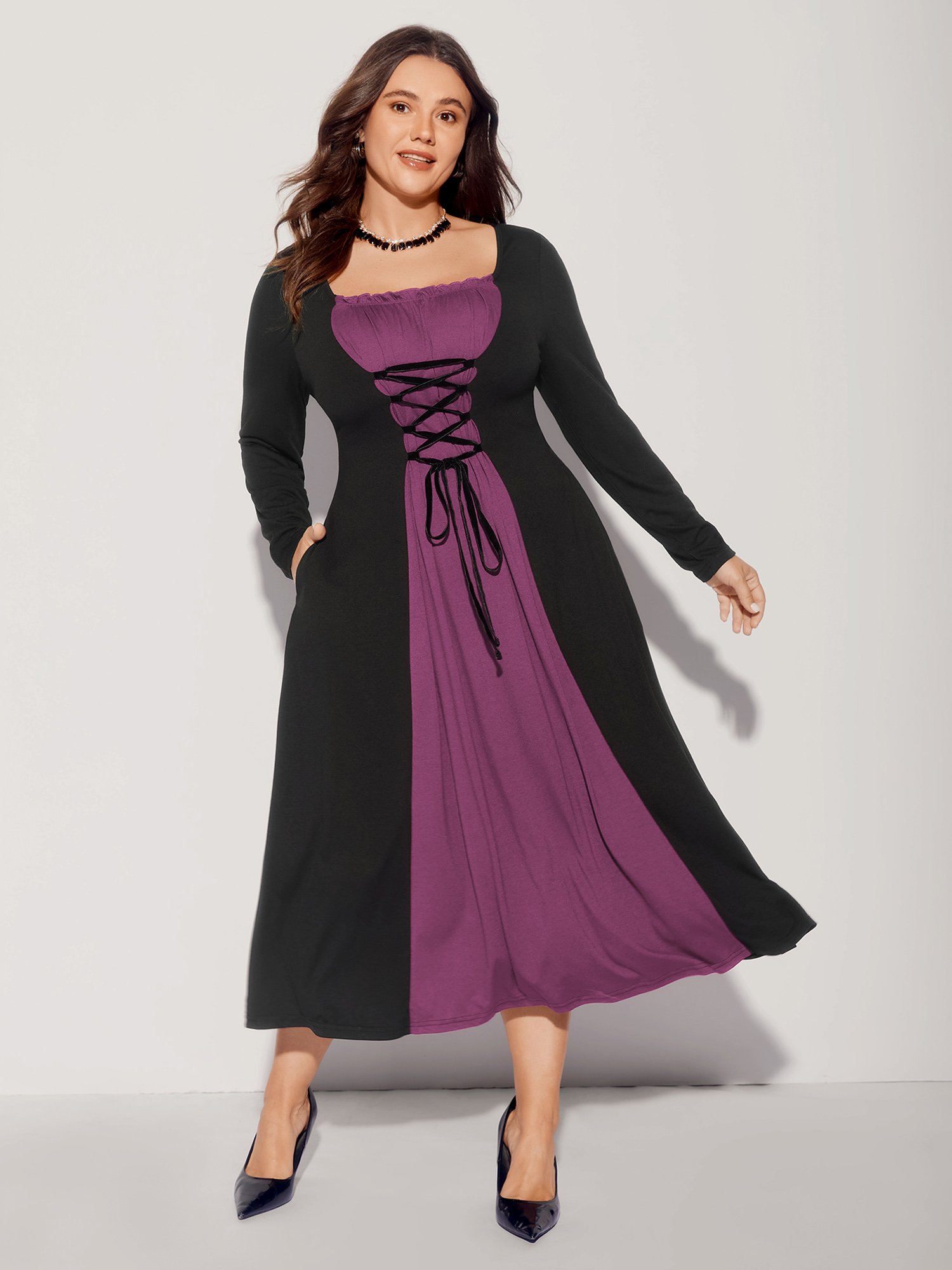 BloomChic Women's Plus Size Stretchy Knit Adjustable Tie Frill Trim Midi Dress RedViolet Everyday-Elegant Midi Colorblock Off-Shoulder 30/6X