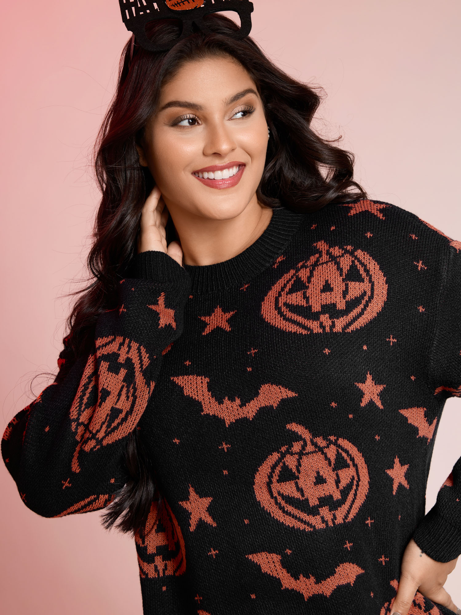 BloomChic Women's Plus Size Halloween Pumpkin Print Crewneck Pullover Black Halloween Long Sleeve 12/L