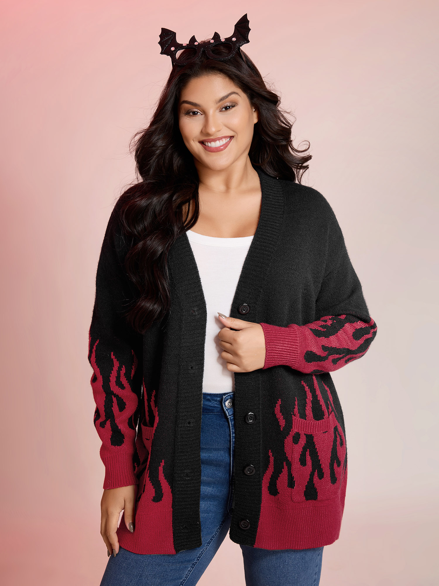 BloomChic Women's Plus Size Flame Pattern Ribbed Hem Pockets Knit Cardigan Black Long Sleeve 10/M