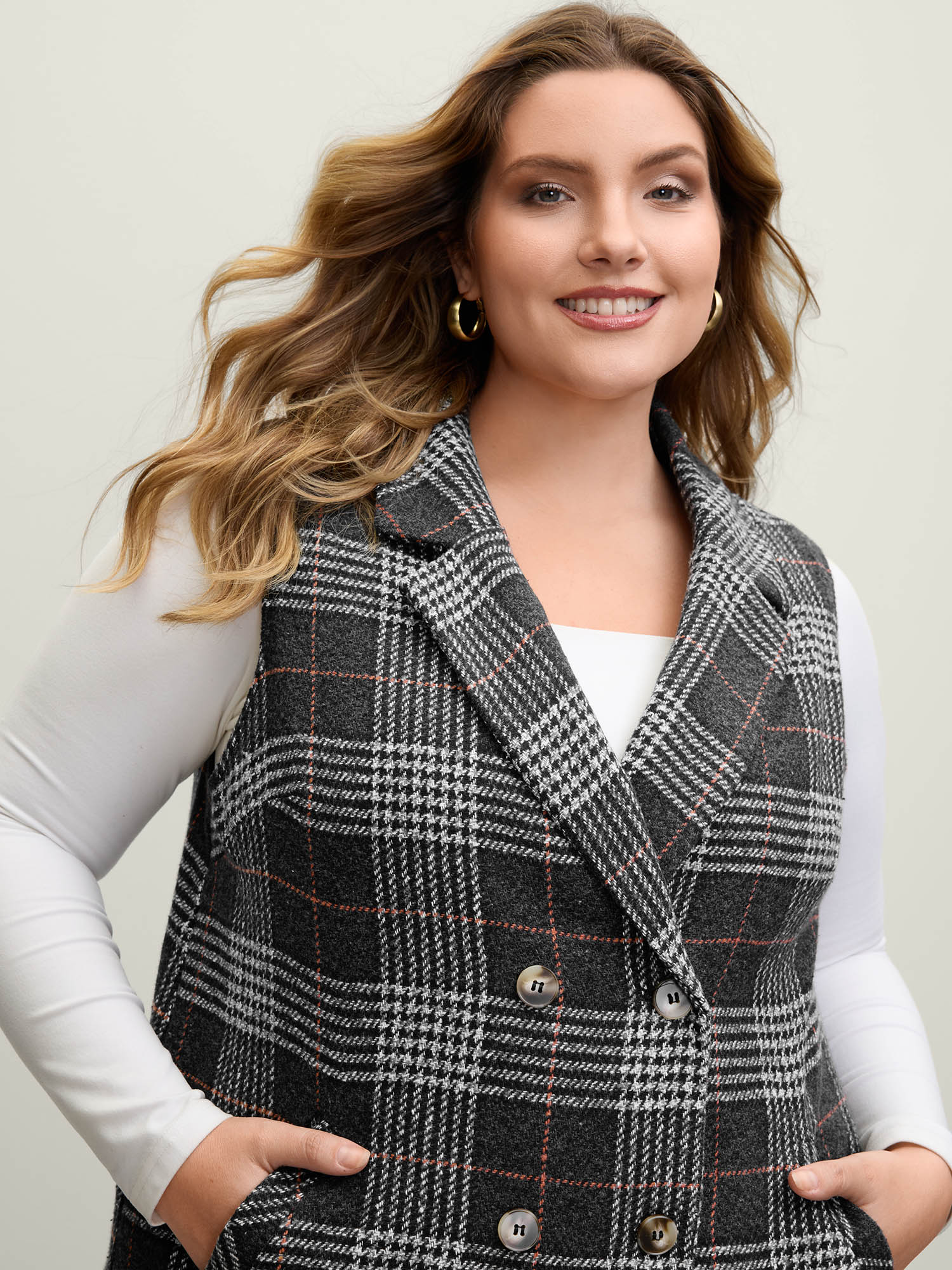 BloomChic Women's Plus Size Textured Plaid Pattern Pockets Long Vest Black Texture 22-24/3X-image-47380083277994