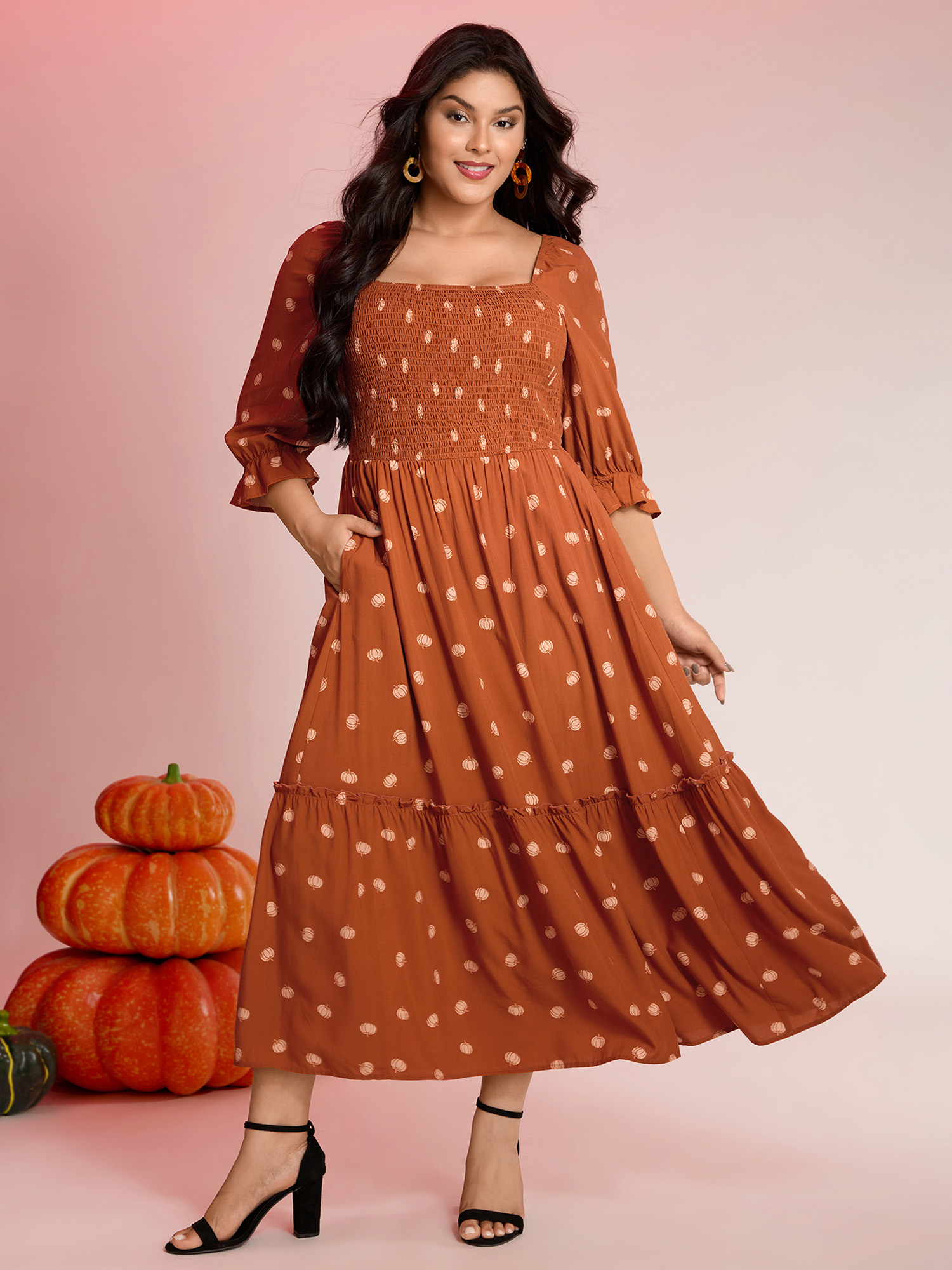 BloomChic Women's Plus Size Polka Dots Shirred Bodice Pockets Maxi Dress Coral Polka dots Maxi Everyday-Elegant Shirred 18-20/2X