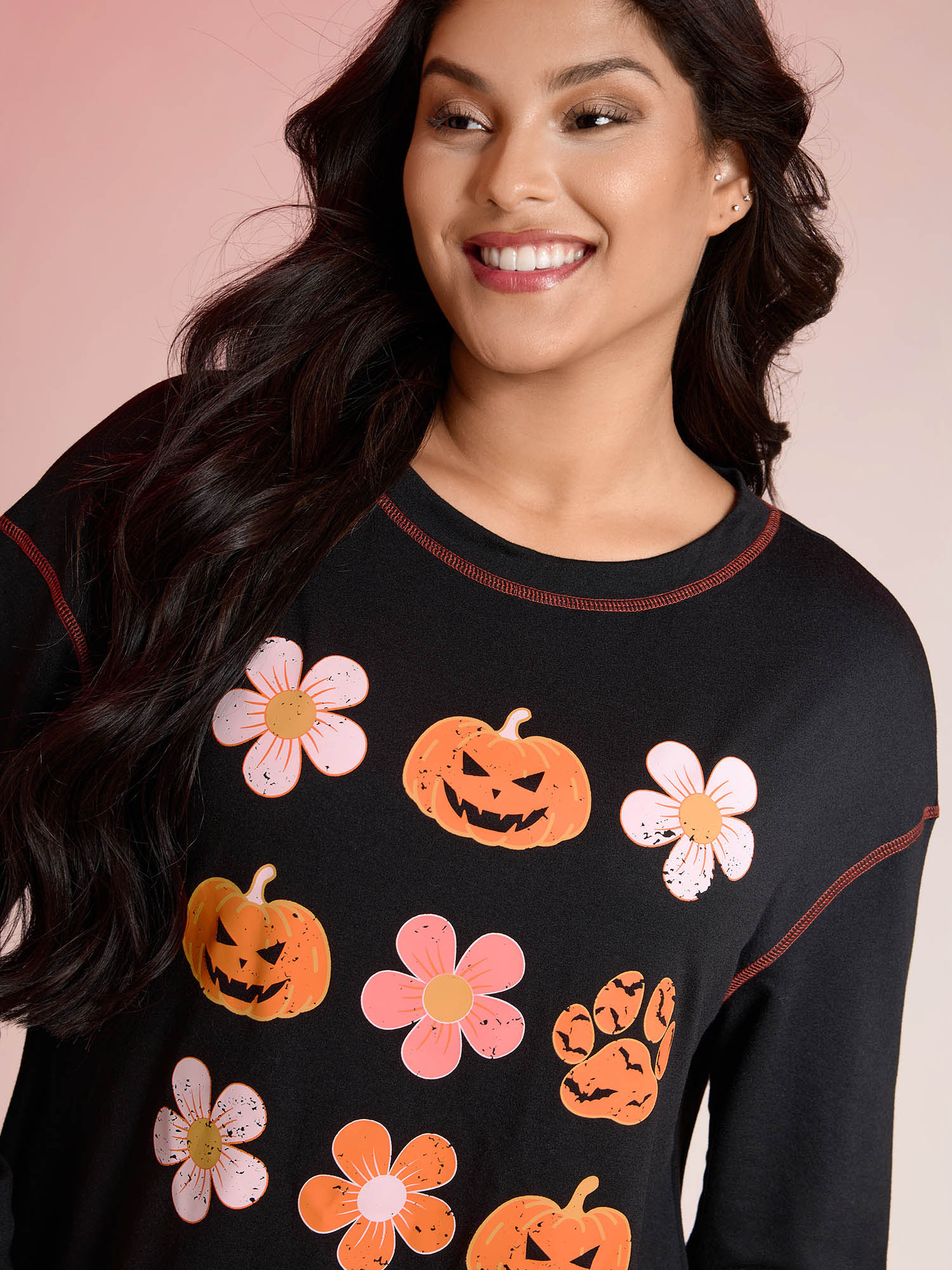 BloomChic Women's Plus Size Pumpkin Halloween Print Drop Shoulder Sweatshirt Black Graphic-Halloween Everyday-Casual 10/M