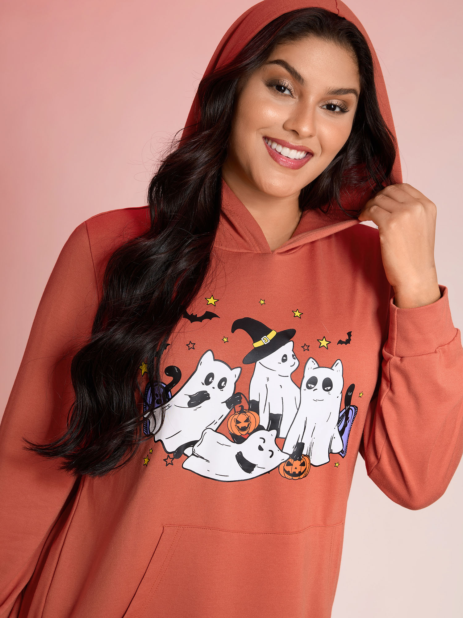 BloomChic Women's Plus Size Halloween Ghost Print Solid Hoodie Brightorange Graphic-Halloween Everyday-Casual 10/M