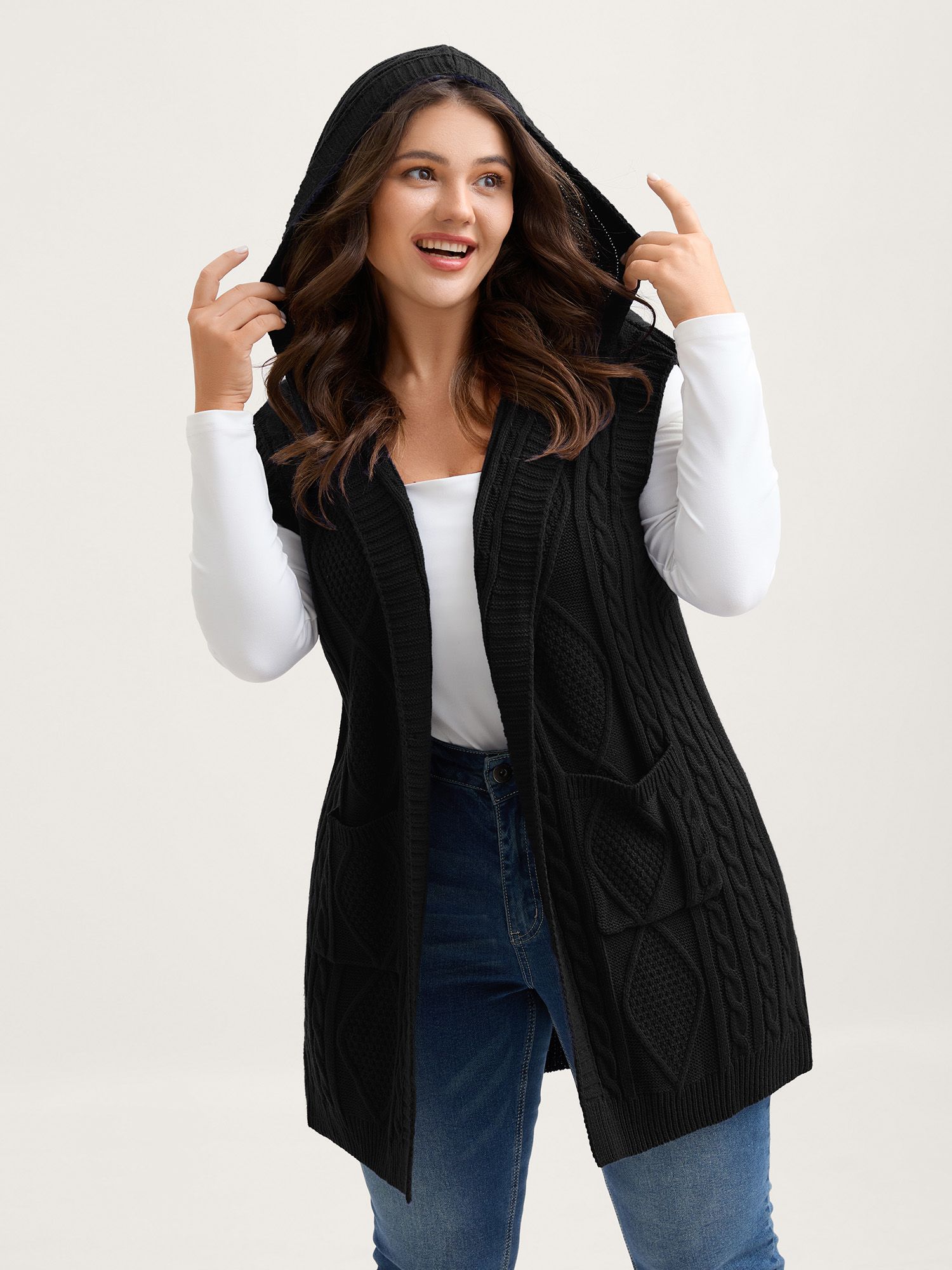 BloomChic Women's Plus Size Hooded Sleeveless Cable Knit Cardigan Black Sleeveless Hooded Neck 10/M